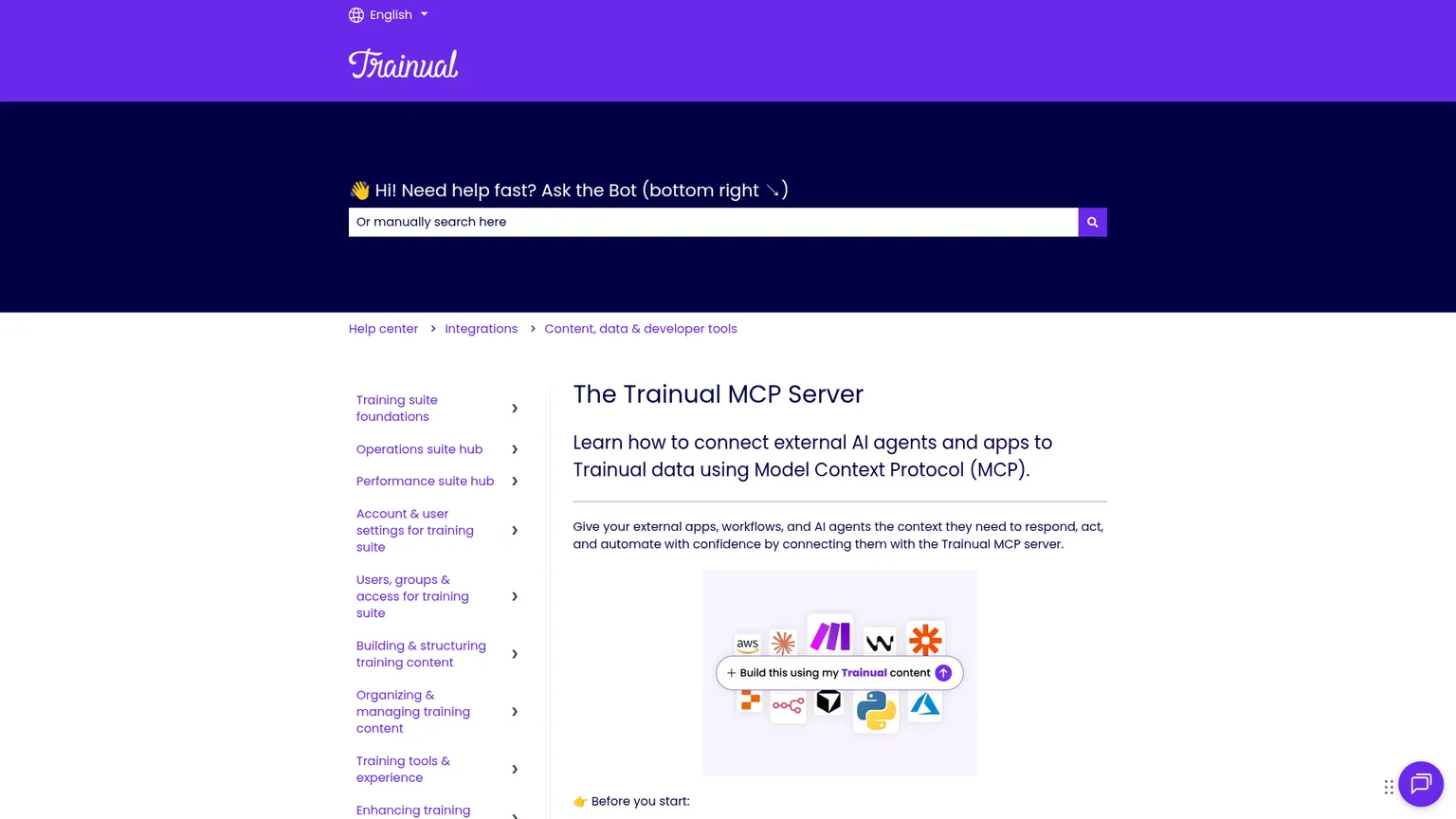 Documentazione pubblica del server MCP di Trainual sui piani abilitati e sugli strumenti di sola lettura
