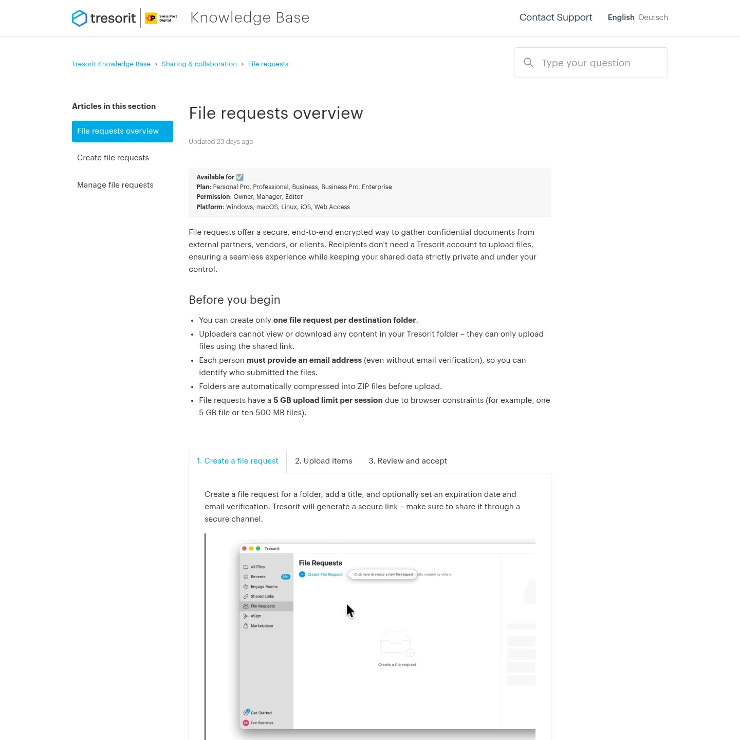 Tresorit file request instructions and screenshots for collecting confidential documents