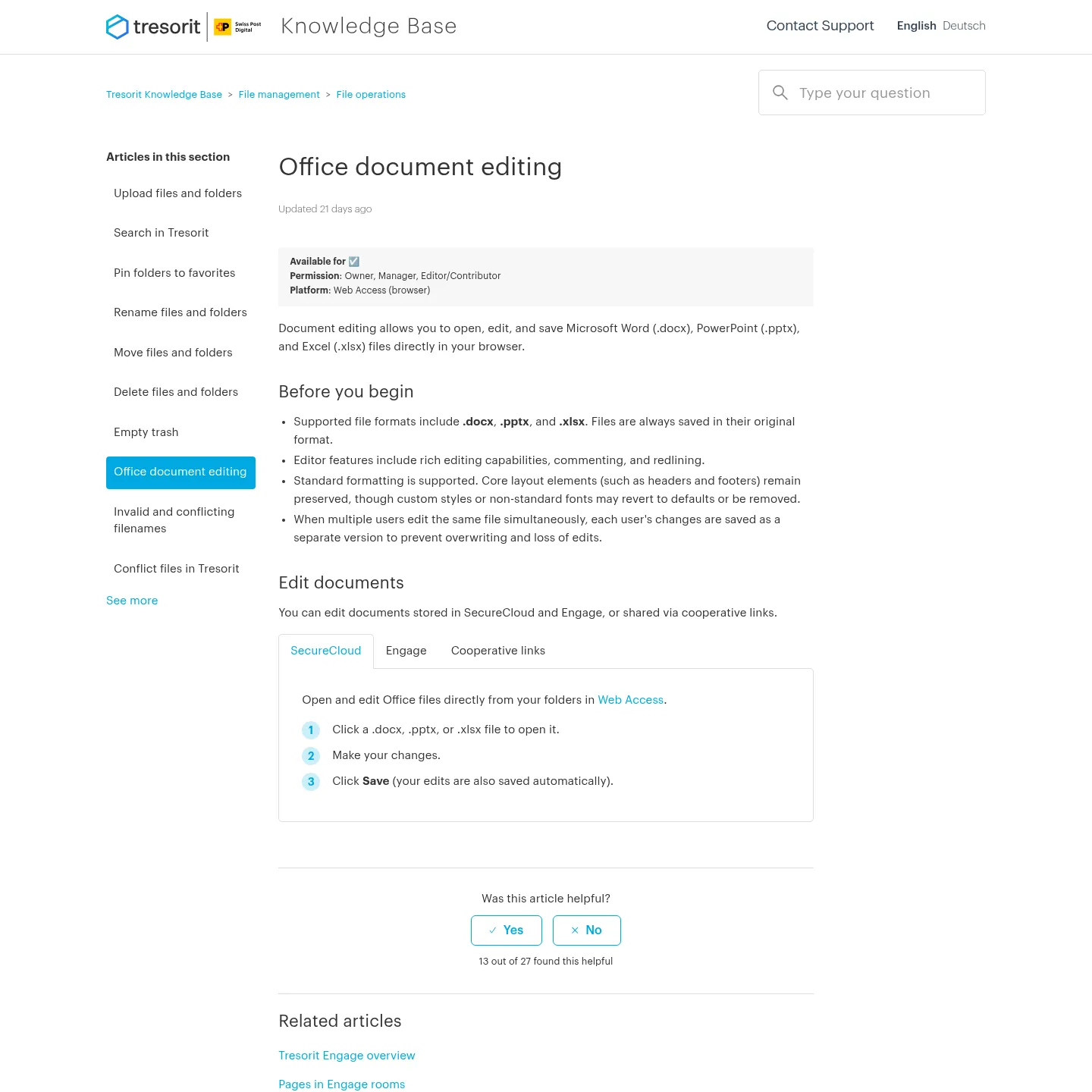Tresorit documentation showing Office document editing in the browser