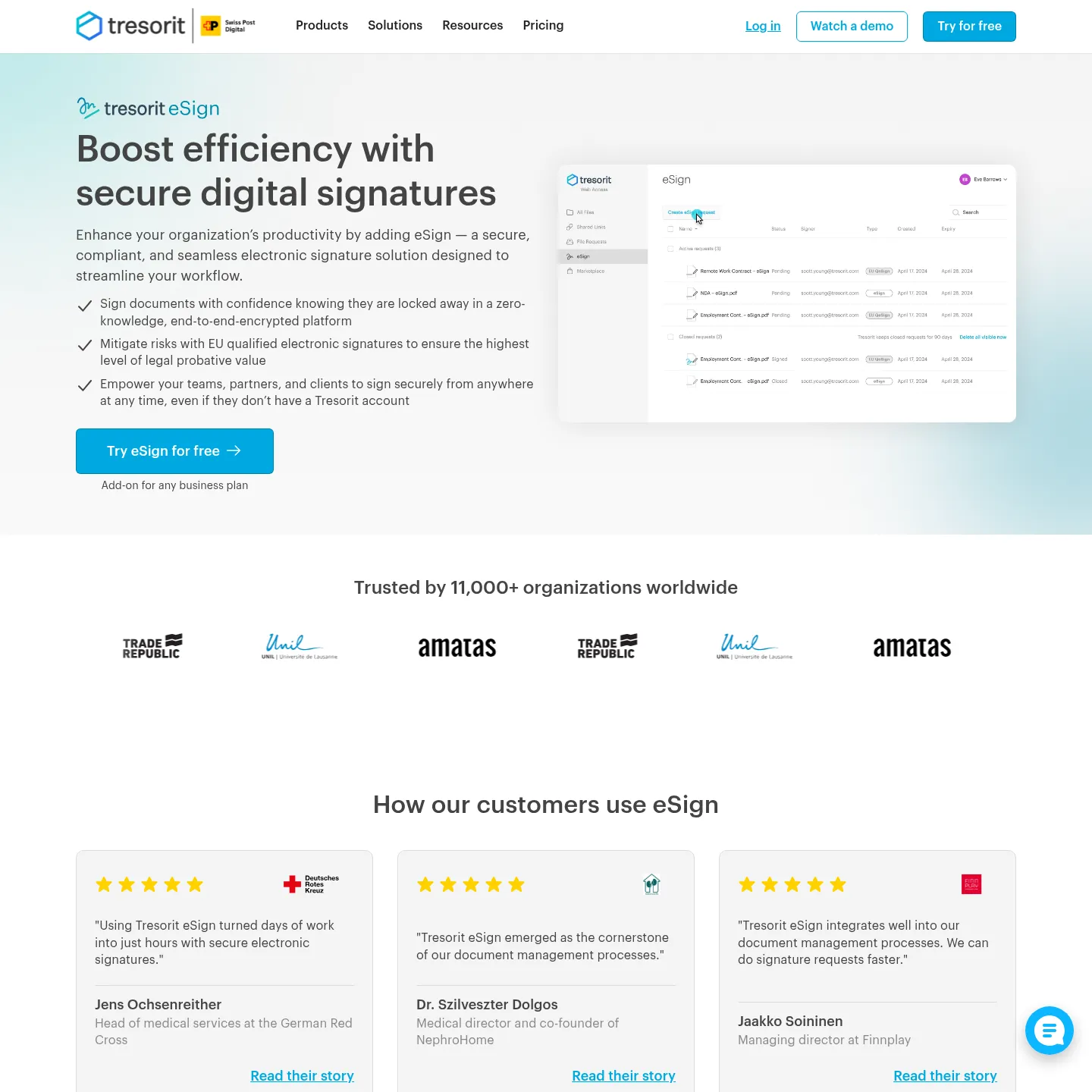 Tresorit eSign product page for electronic document signing