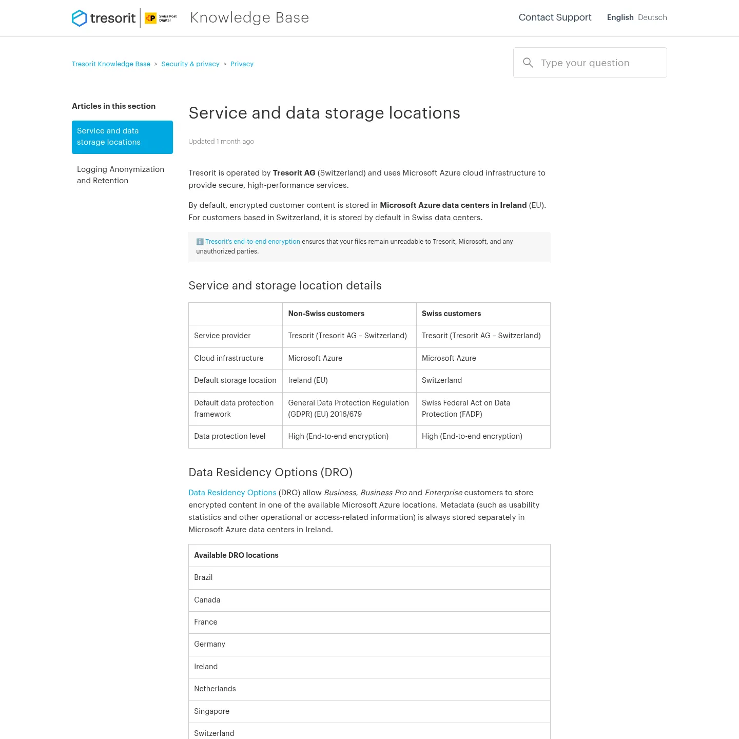 Tresorit documentation listing content storage regions and metadata location