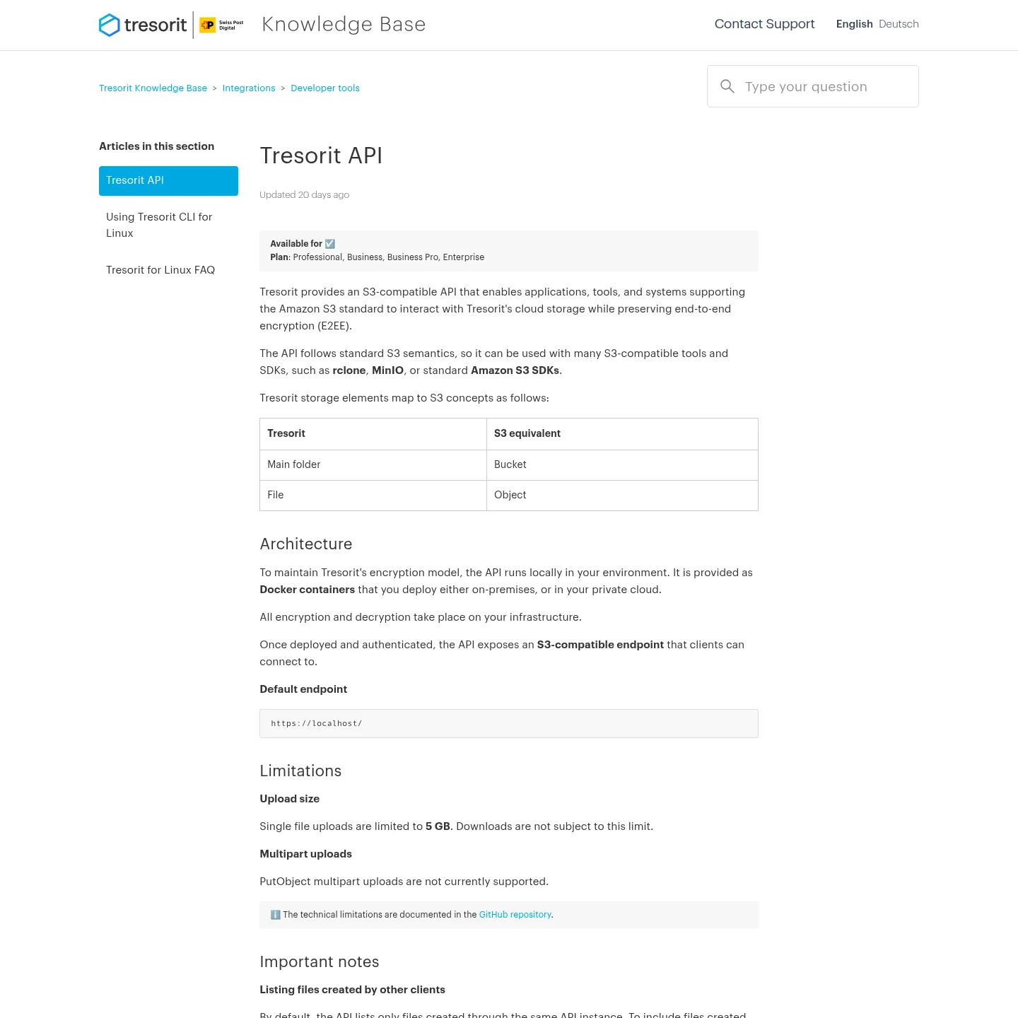 Tresorit API documentation showing its local deployment and upload limits