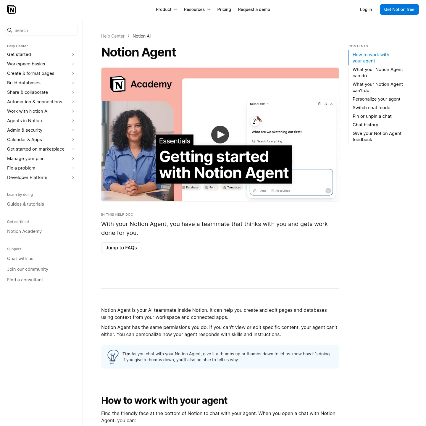 Guía oficial de Notion que muestra su agente integrado y las acciones en el espacio de trabajo