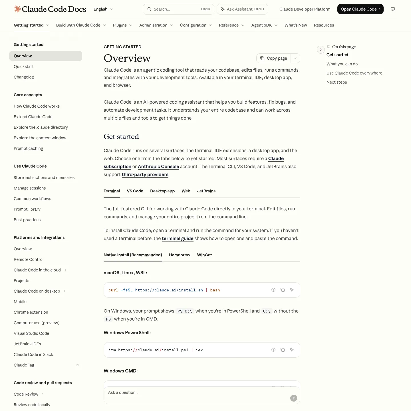 Documentación de Claude Code de Anthropic que muestra sus interfaces de programación y flujos de trabajo
