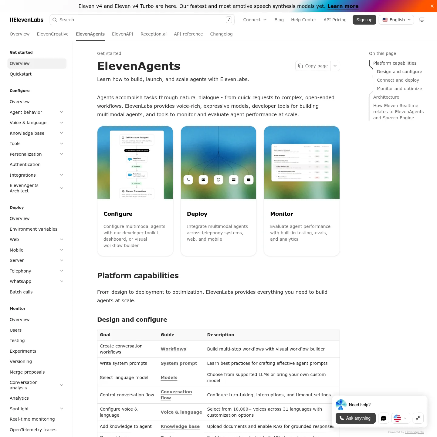 Documentación de ElevenLabs sobre implementación de agentes de voz, herramientas y controles de conversación
