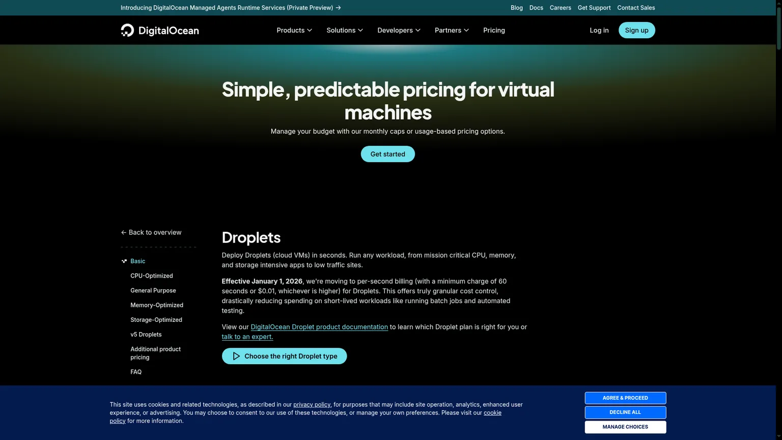 Prezzi dei Basic Droplet DigitalOcean e tabella delle risorse