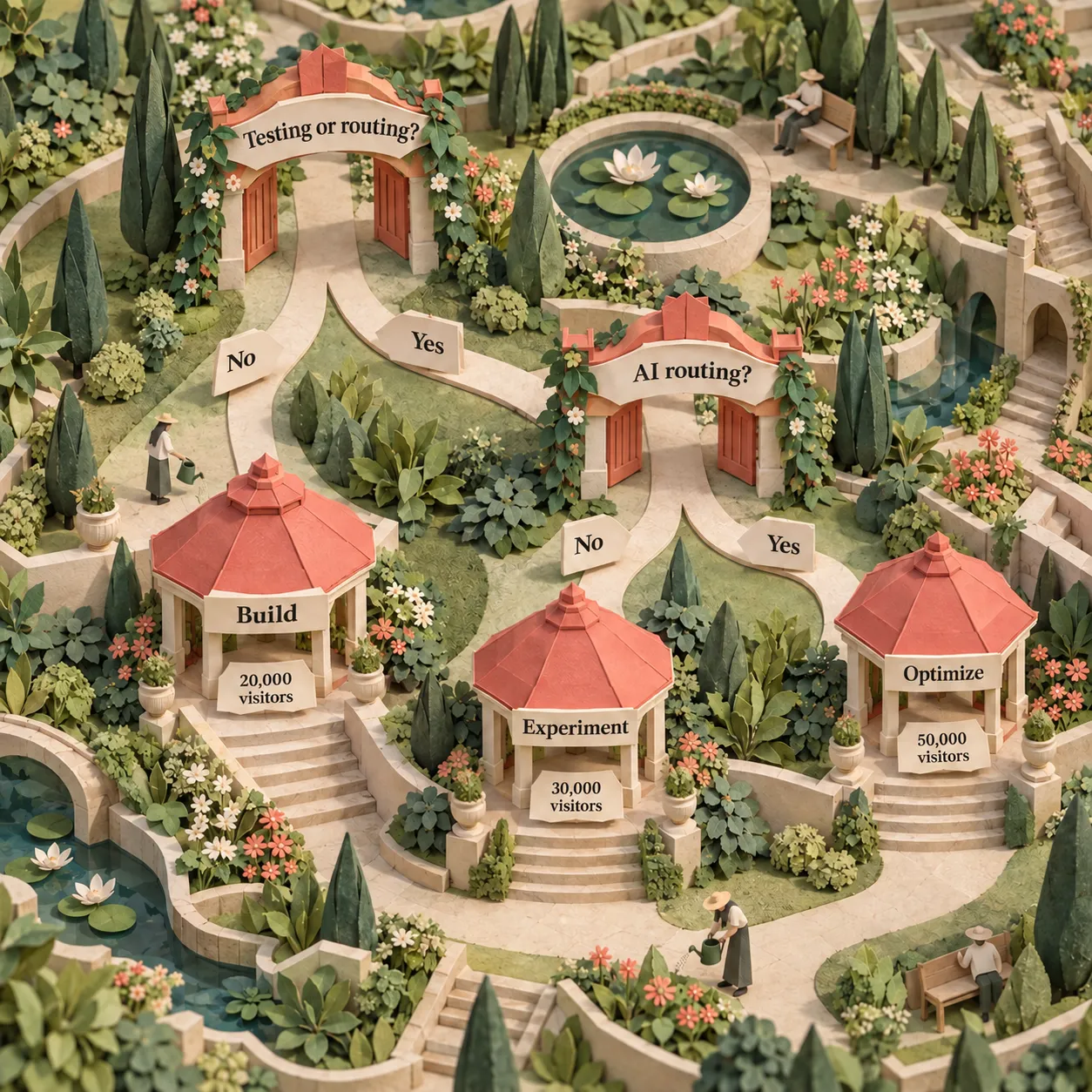 Percorsi decisionali in un giardino di carta: Build per pagine con tracciamento, Experiment per test A/B e Optimize per l'instradamento AI, con i rispettivi limiti di visitatori