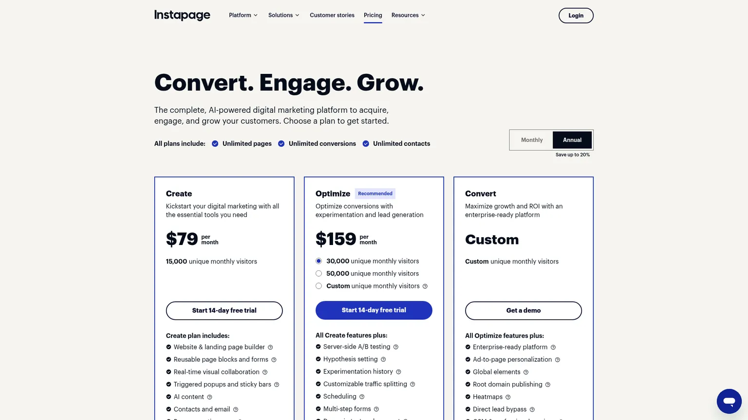 Pagina ufficiale dei piani Instapage con Create, Optimize e Convert su preventivo