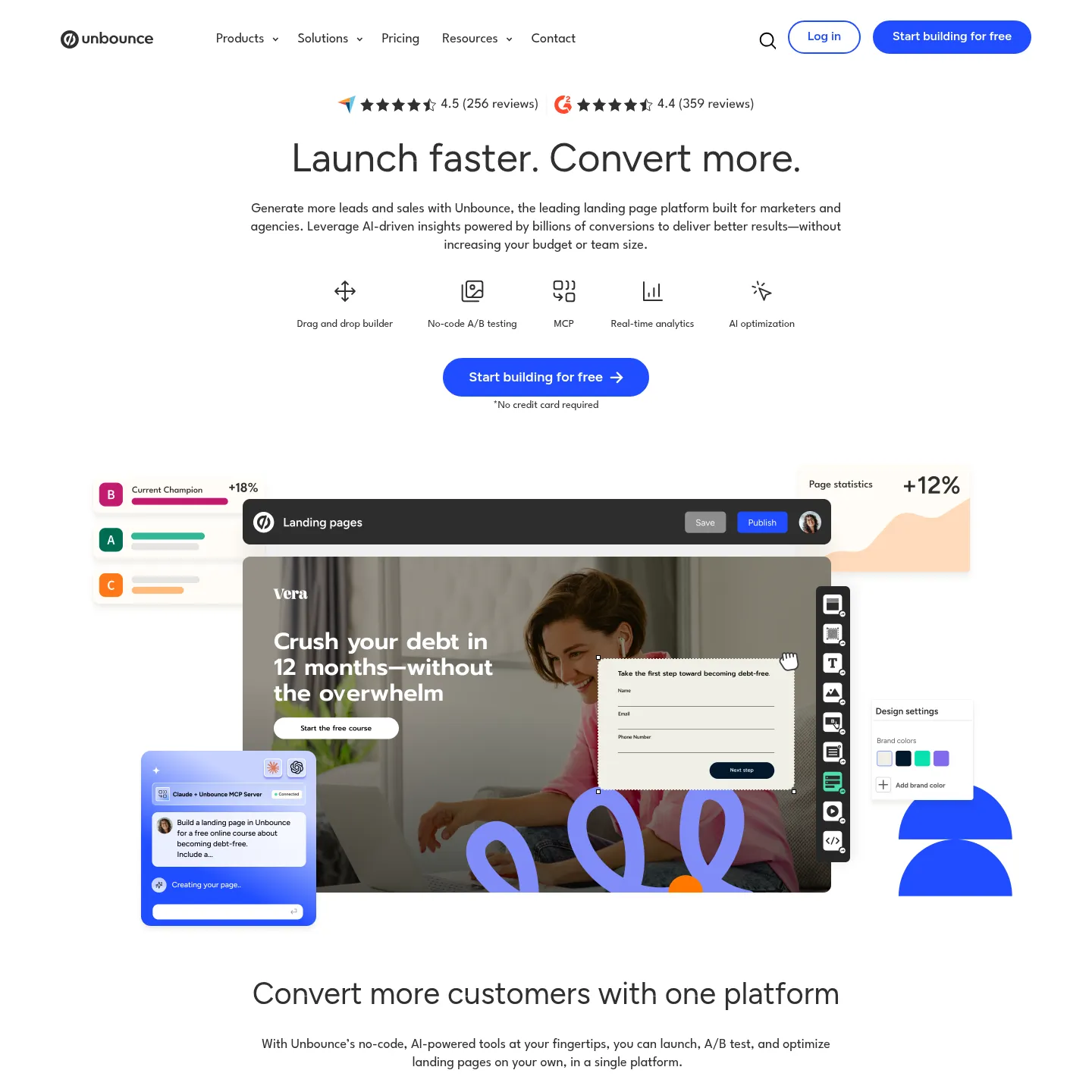 الصفحة الرئيسية لـ Unbounce تعرض محرر صفحات الهبوط وإمكانات الاختبار والذكاء الاصطناعي