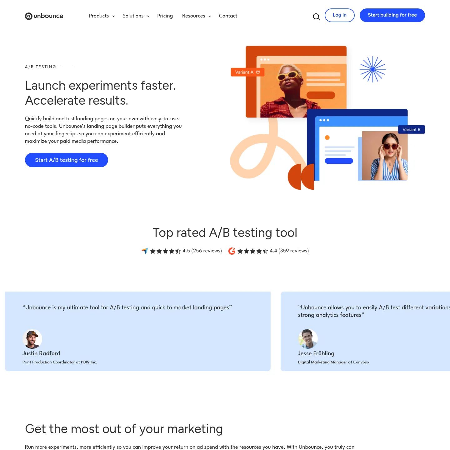 صفحة اختبارات A/B في Unbounce تعرض نسخ الصفحات وتقارير التجارب