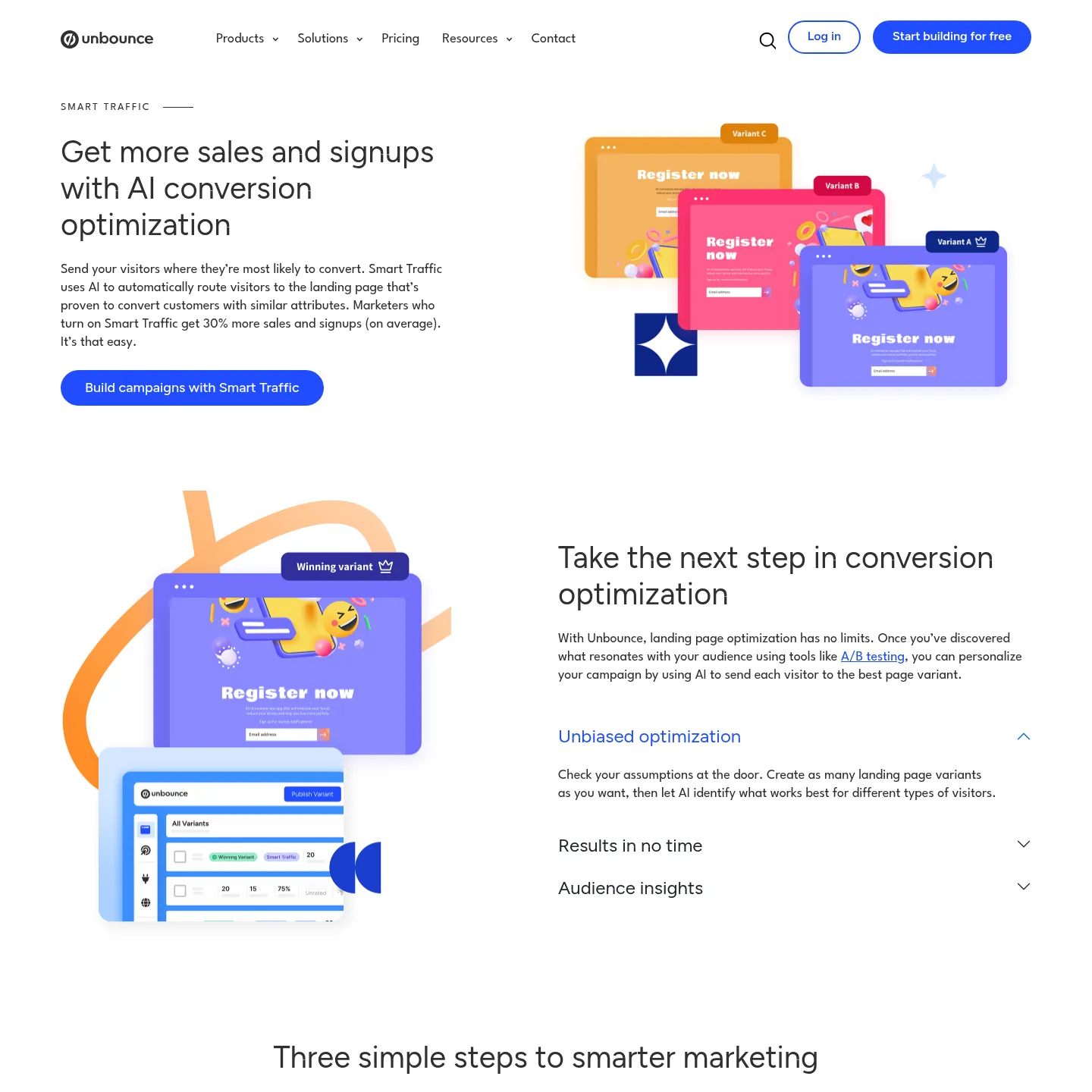 صفحة Unbounce Smart Traffic توضح توجيه الزوار بين نسخ صفحات الهبوط