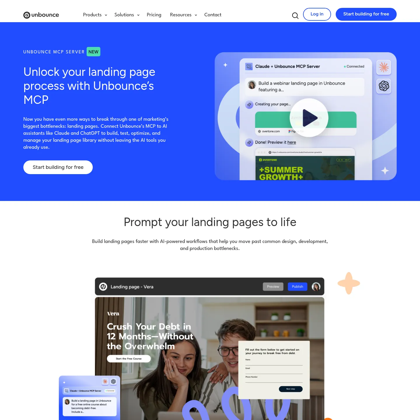 صفحة خادم Unbounce MCP تعرض إنشاء الصفحات وإدارتها عبر مساعد الذكاء الاصطناعي