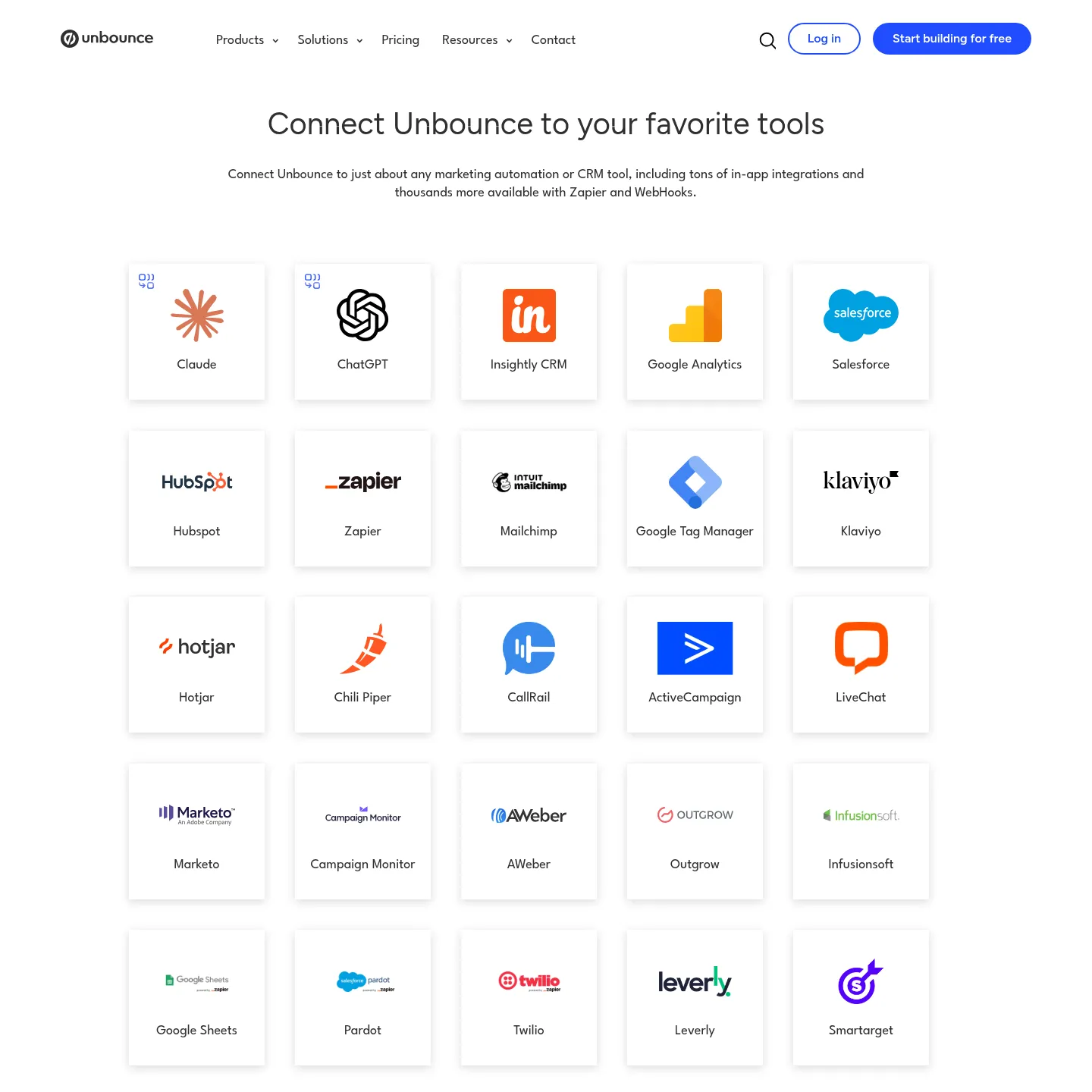 دليل تكاملات Unbounce يعرض الربط مع أنظمة إدارة علاقات العملاء والتحليلات والأتمتة