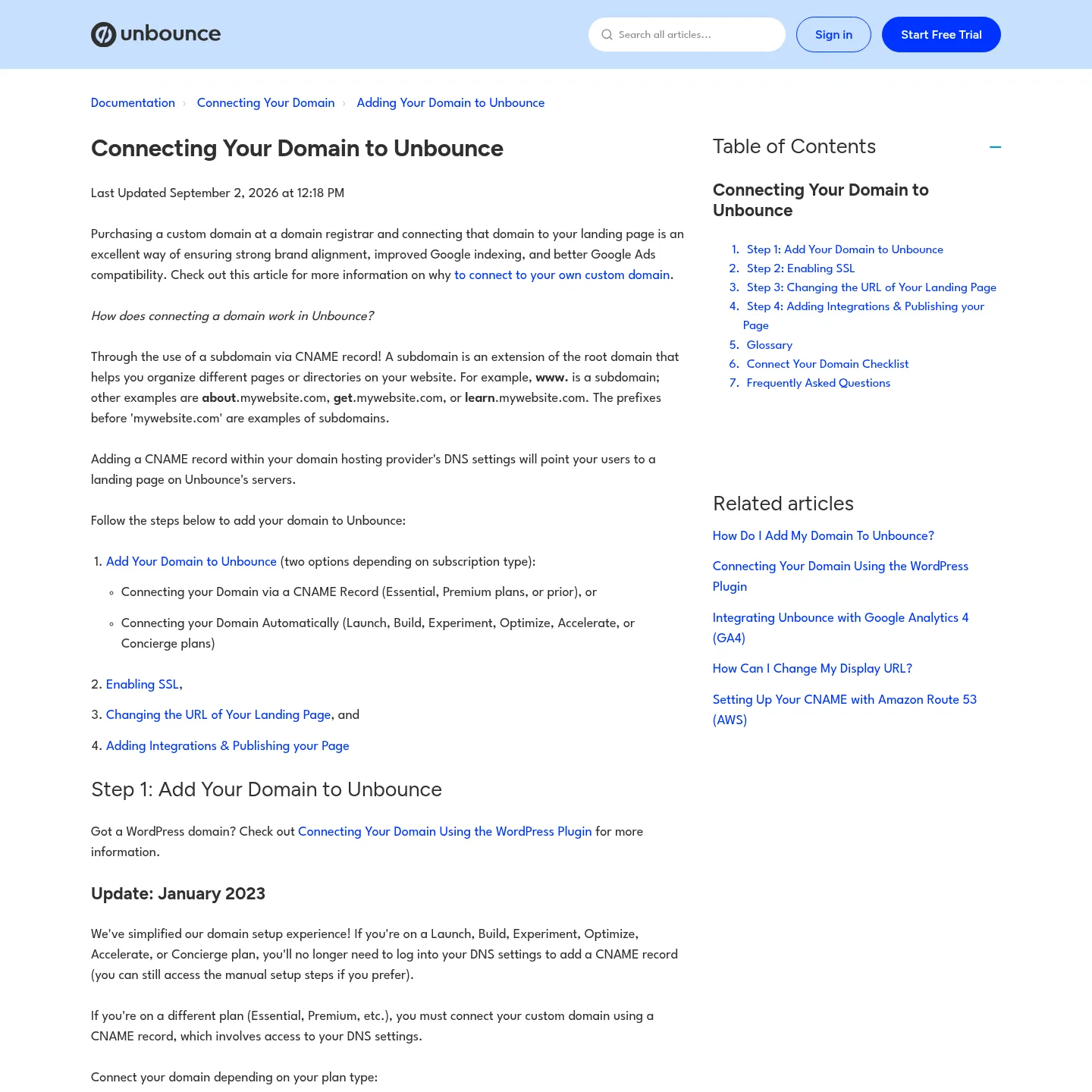 وثائق Unbounce تشرح ربط النطاق المخصص وإعداد سجل CNAME
