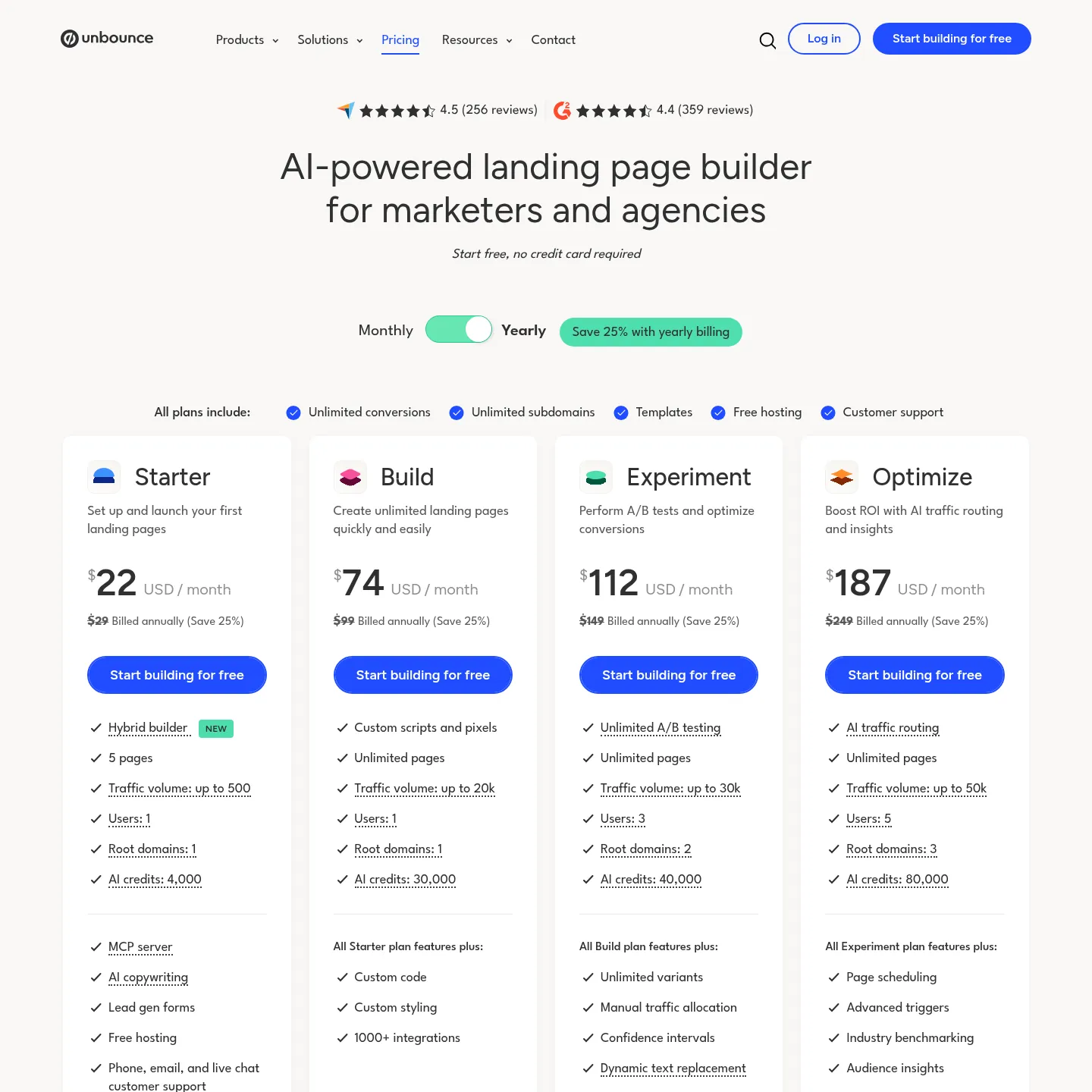 صفحة أسعار Unbounce الحالية تعرض الخطط وحصص الزوار والنطاقات وأرصدة الذكاء الاصطناعي