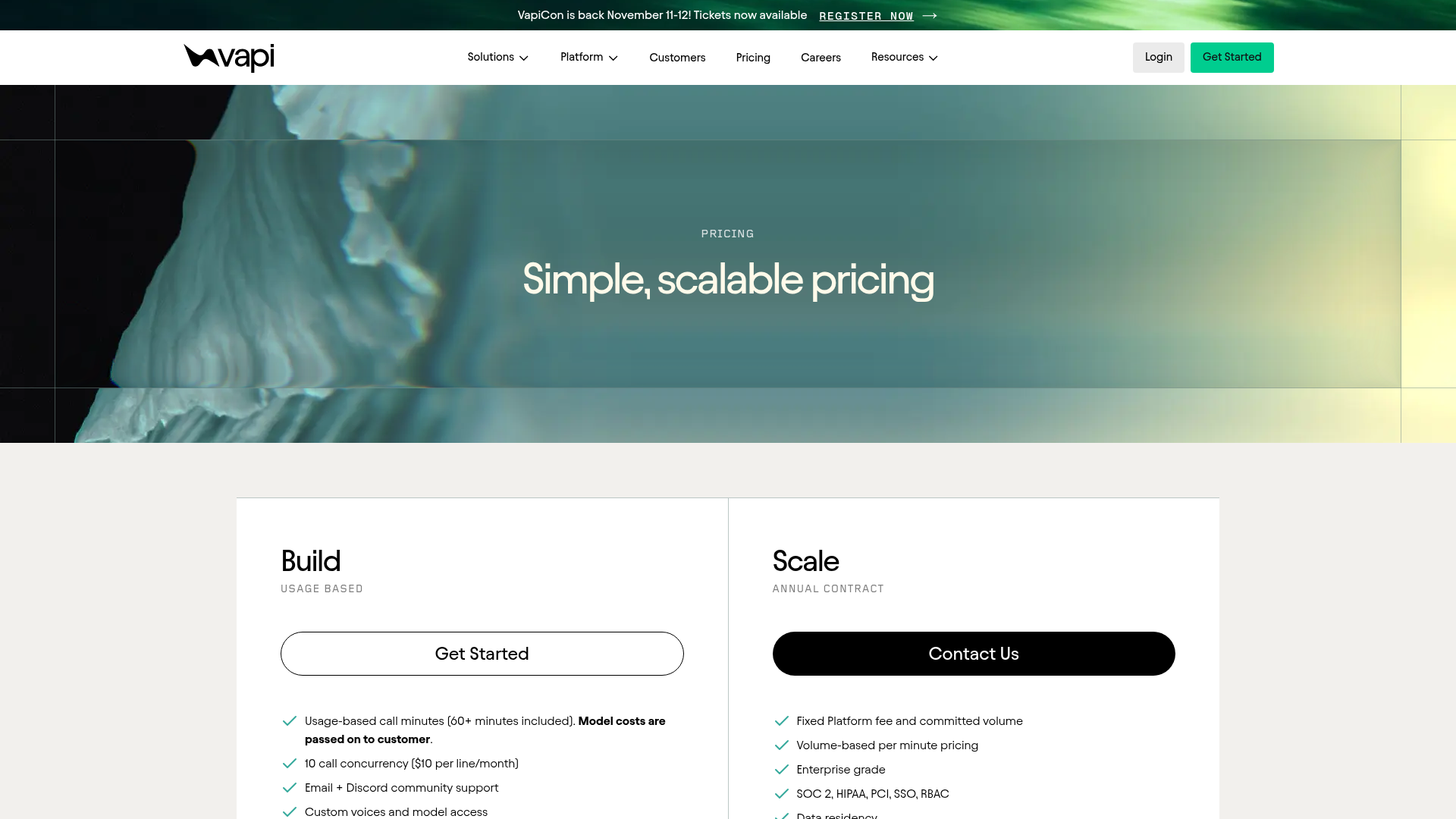 Vapi pricing page showing Build and Scale plans