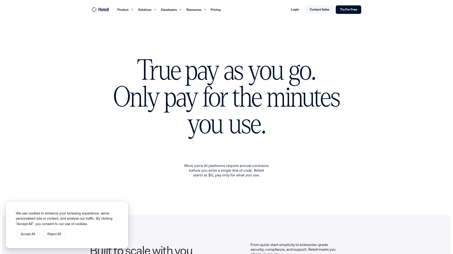 Retell AI pricing page with pay-as-you-go rates and calculator
