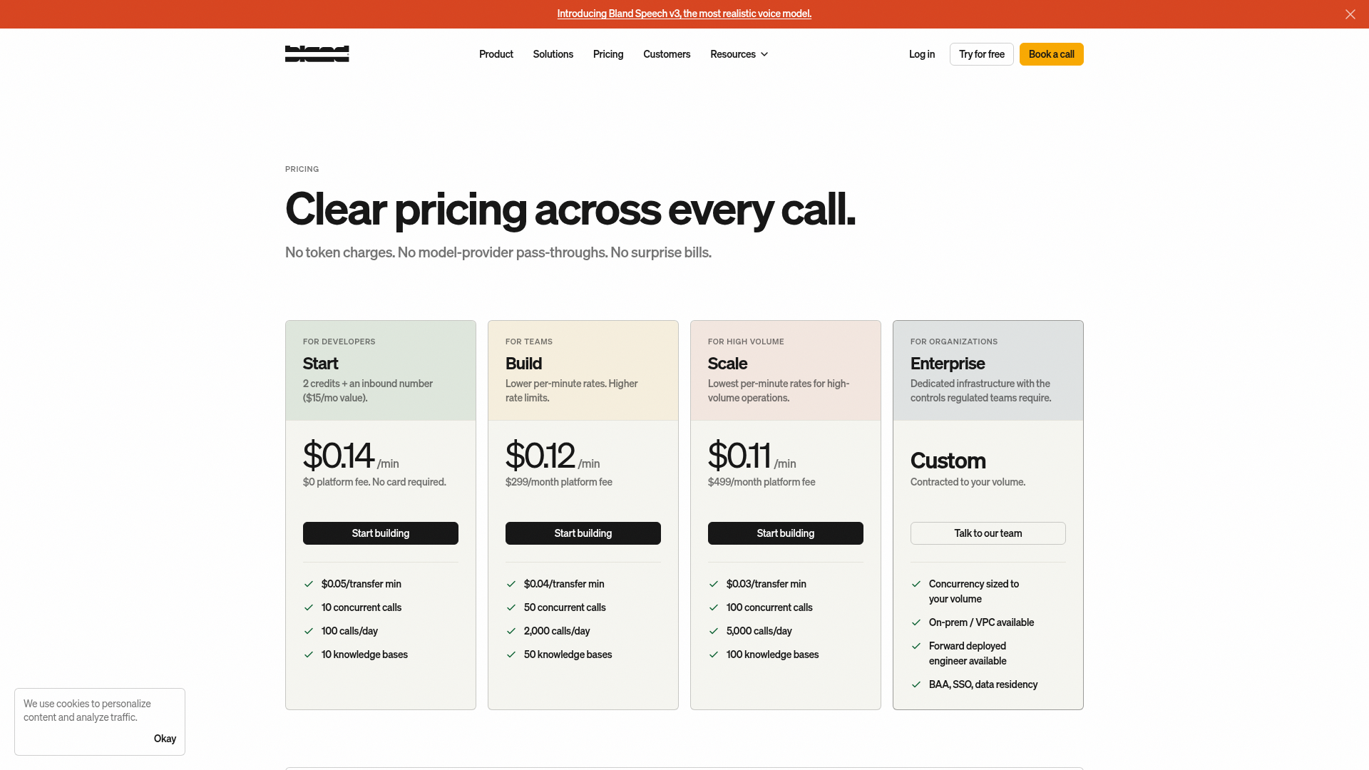 Bland AI pricing page showing Start, Build, Scale, and Enterprise