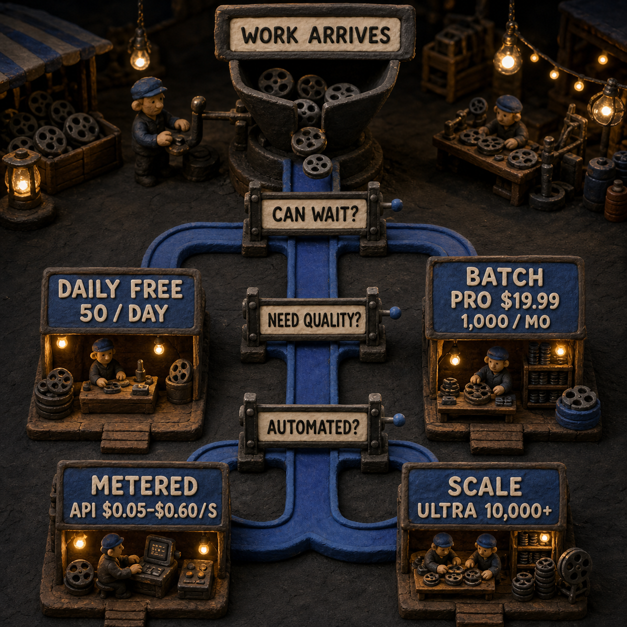 Decision flow choosing daily free Veo, batch Pro, or metered Gemini API access