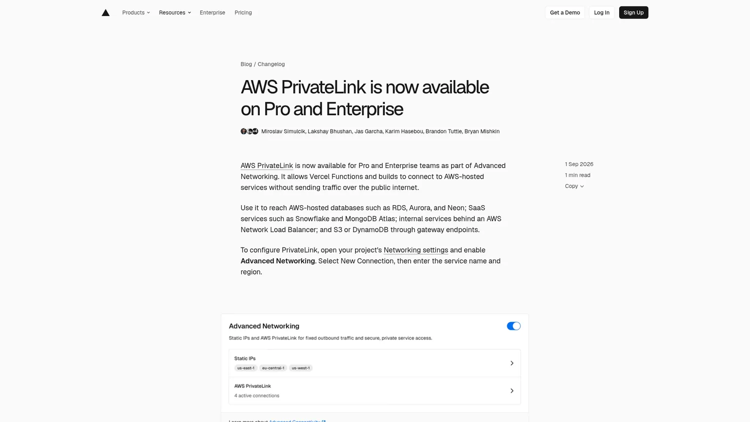 Vercel project Networking settings showing the AWS PrivateLink connection flow