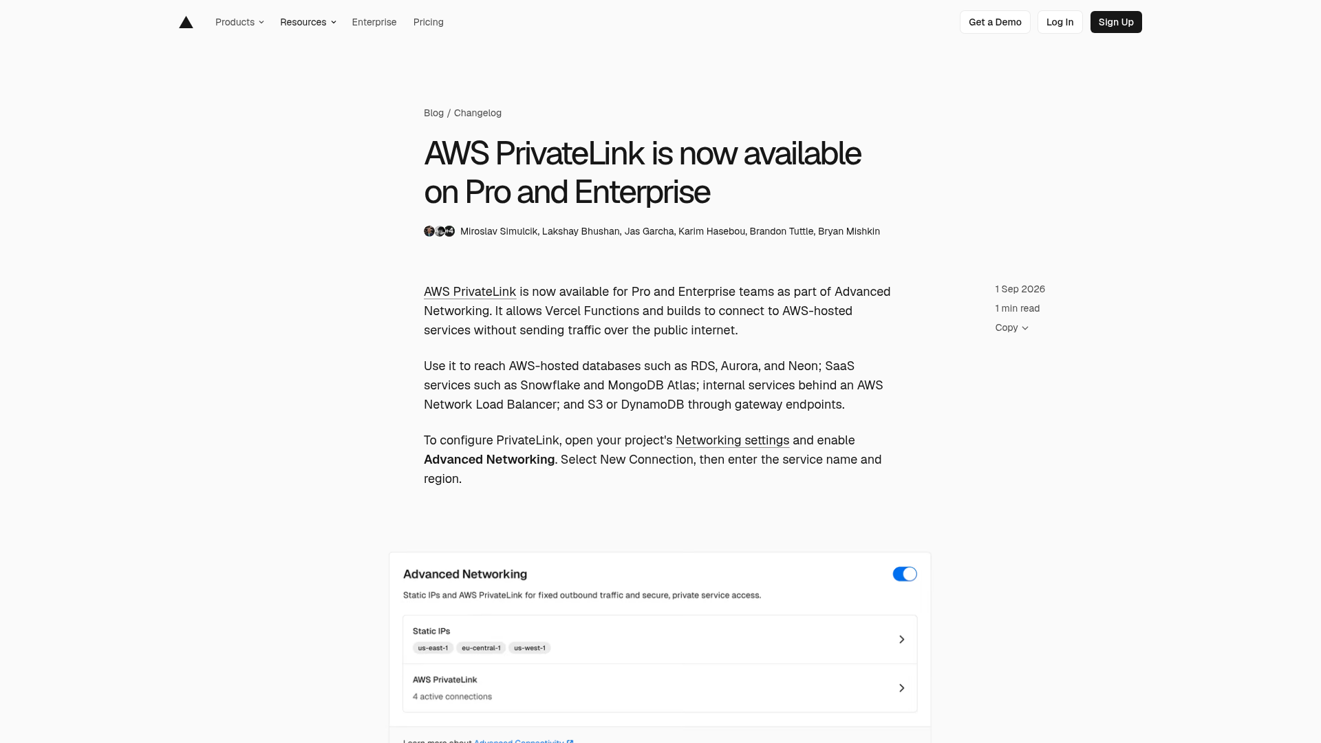 Vercel project Networking settings showing the AWS PrivateLink connection flow