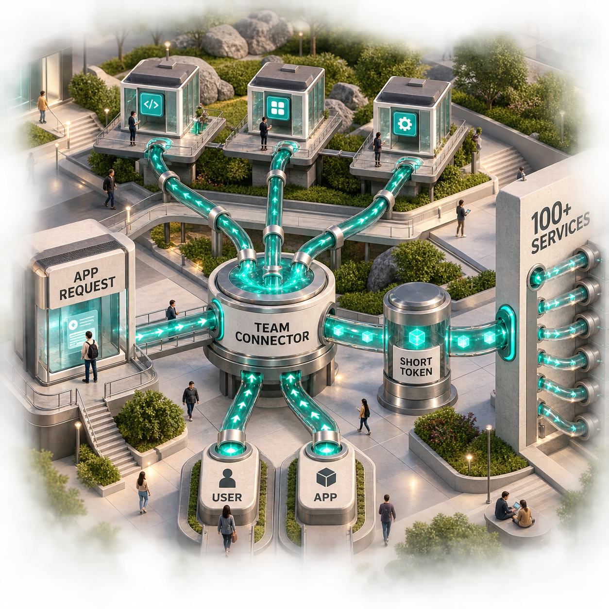 Architectural flow showing an app request passing through one team connector to a short-lived token and more than 100 services