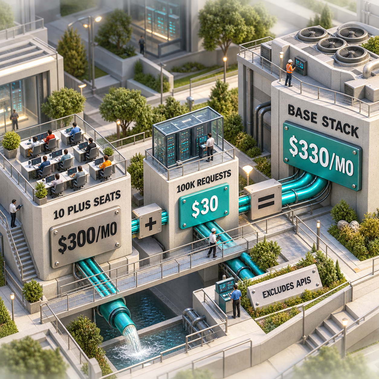 Architectural cost model showing ten v0 Plus seats at 300 dollars per month plus 100,000 Connect requests at 30 dollars for a 330 dollar base stack