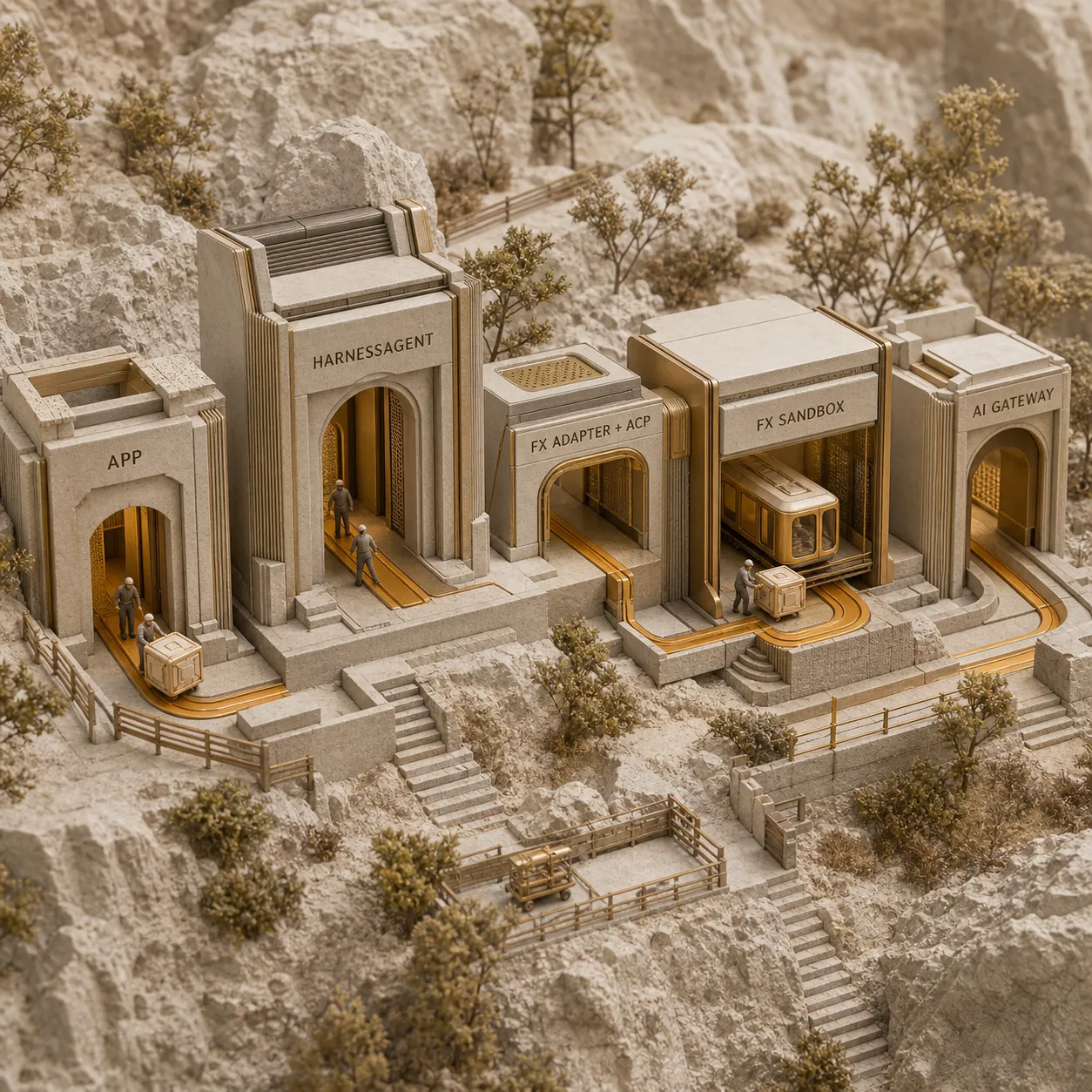 Architectural model showing an app passing a coding task through HarnessAgent, the fx adapter, ACP, fx in a sandbox, and AI Gateway