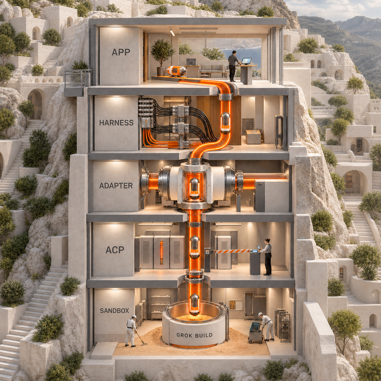 Architectural cutaway showing an application passing a job through HarnessAgent, the Grok Build adapter, an ACP bridge, and the Grok Build CLI inside a sandbox