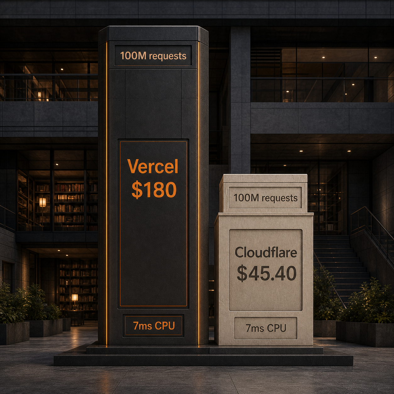 Cost columns comparing Vercel and Cloudflare at 100 million requests