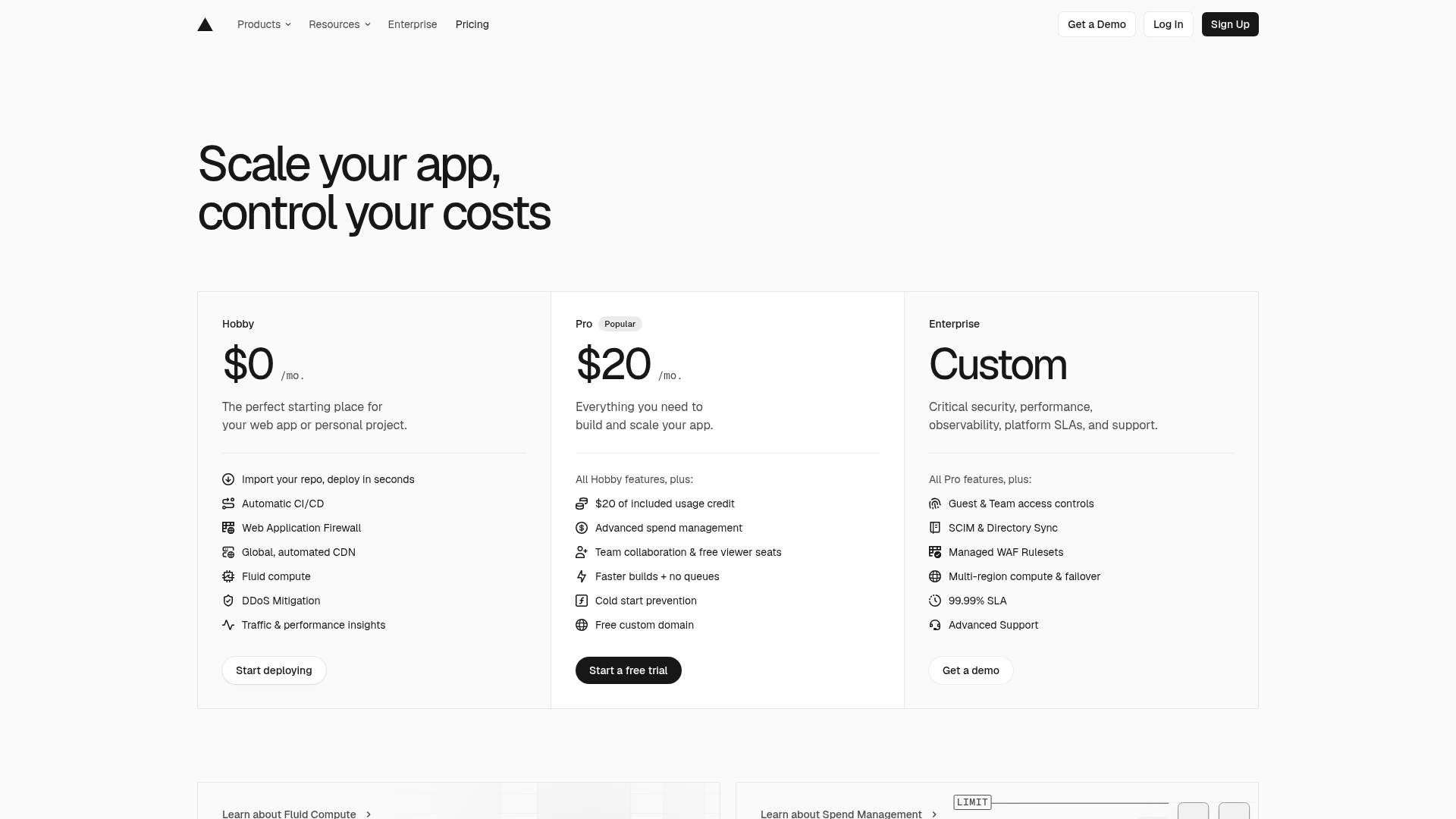 Vercel live pricing page showing Hobby, Pro, and Enterprise plans