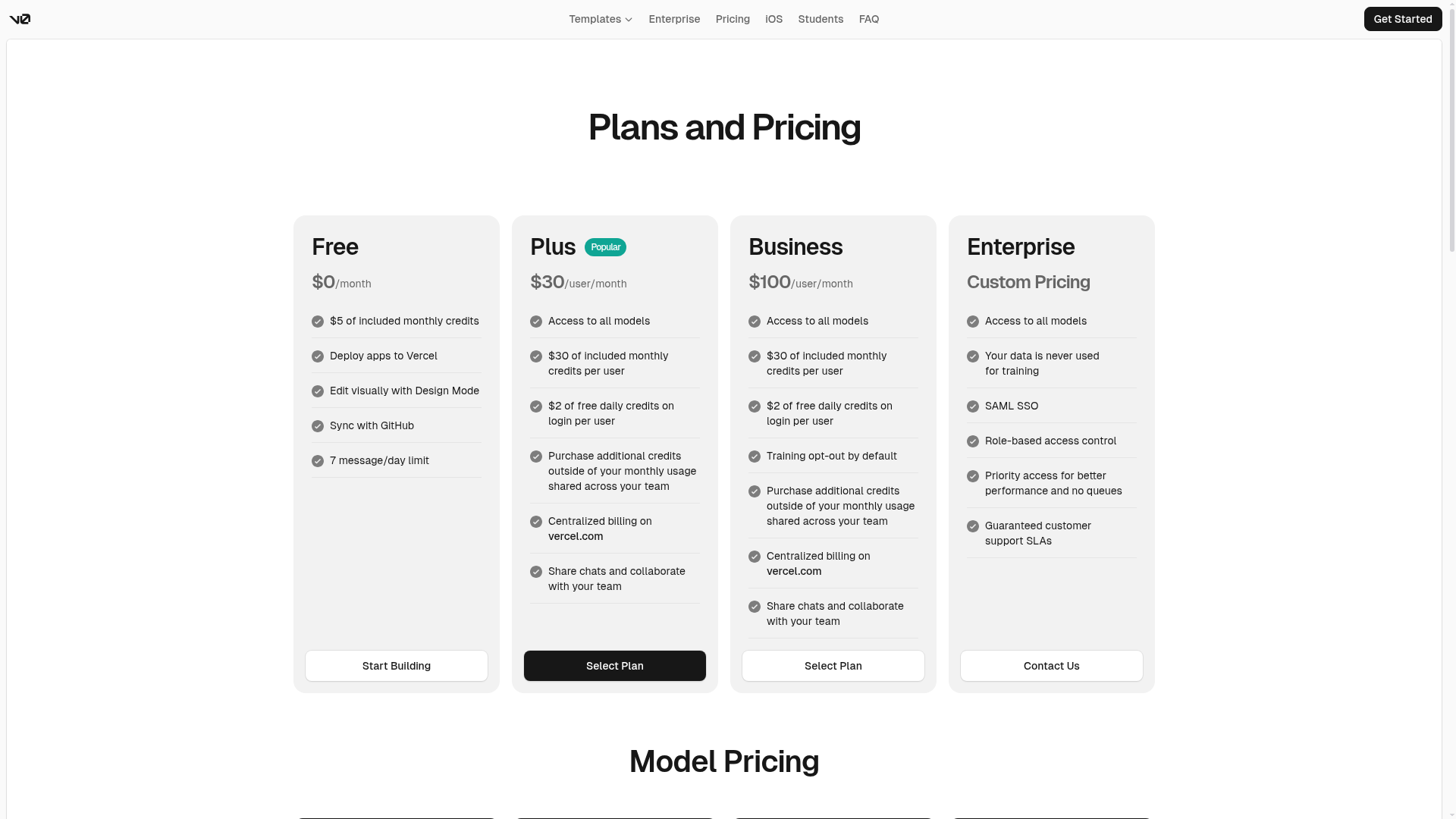 v0 live pricing page with Free, Plus, Business, and Enterprise plans