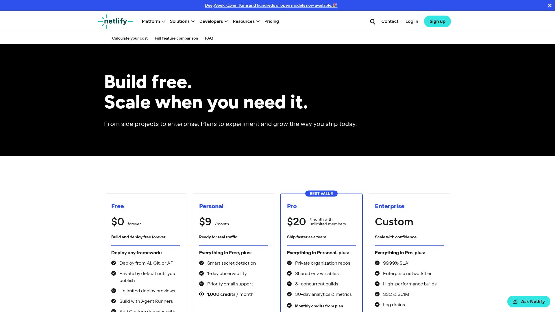 Netlify live pricing page with credit-based plans