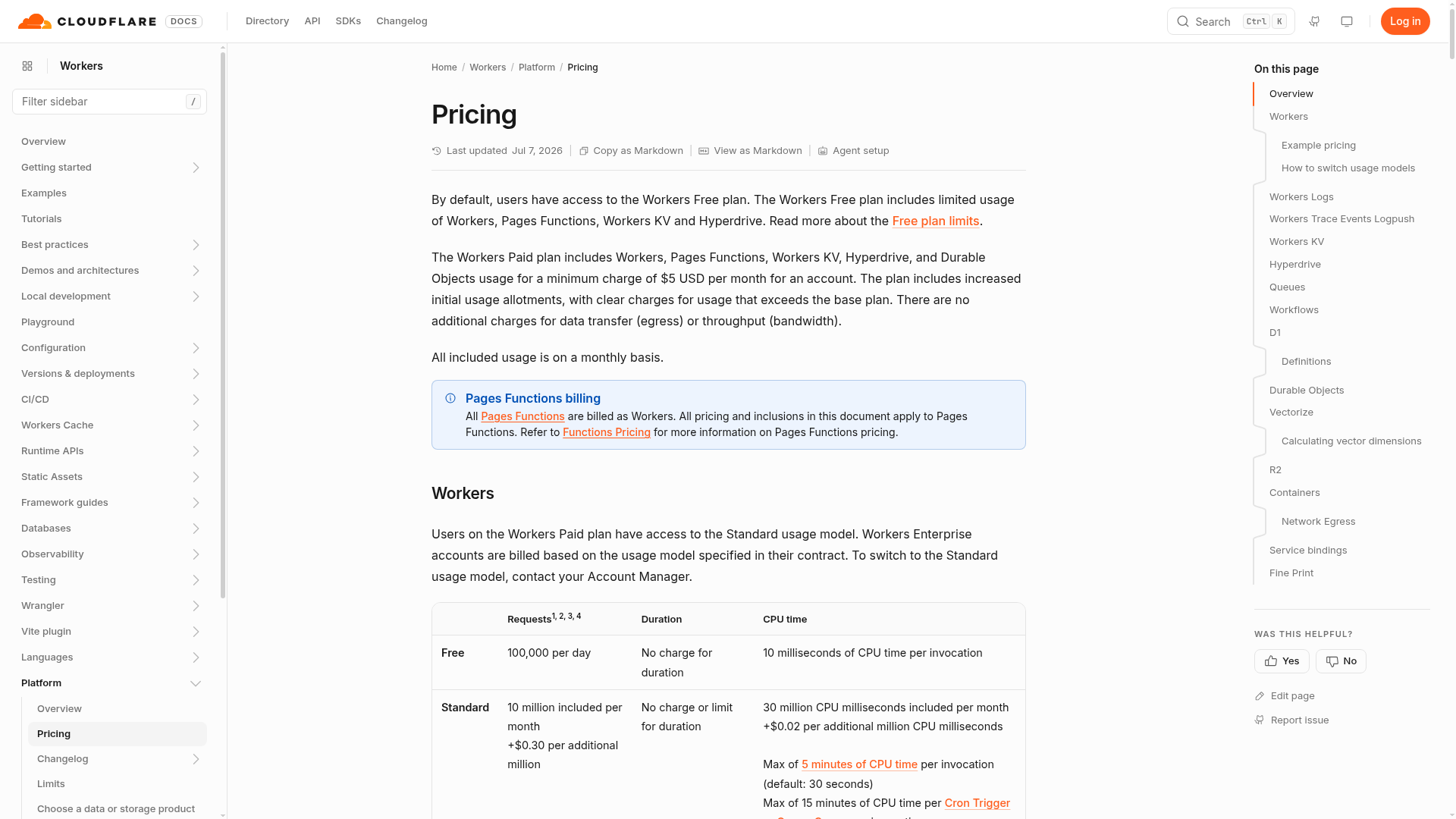 Cloudflare Workers pricing documentation