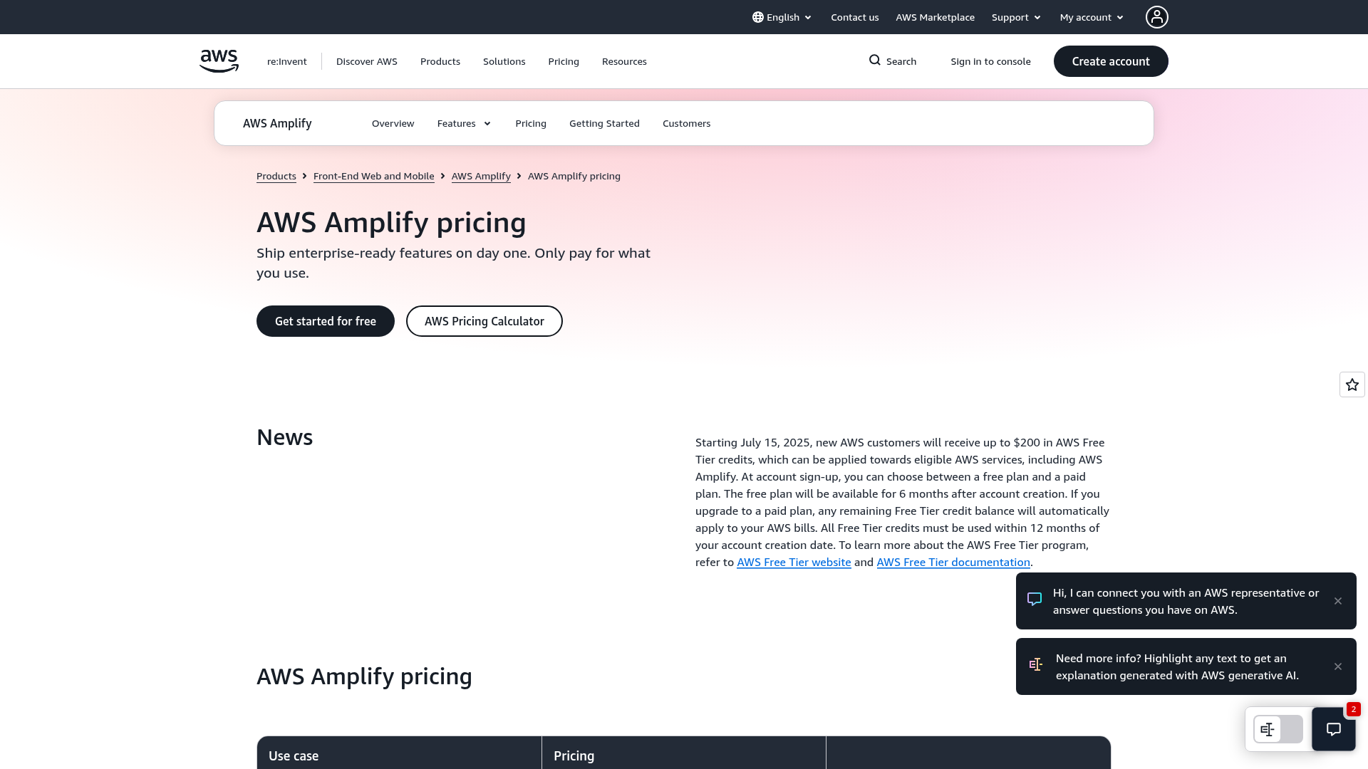 AWS Amplify live pricing page