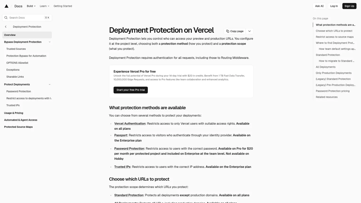 وثائق Vercel Deployment Protection التي تعرض وسائل الحماية ونطاقاتها