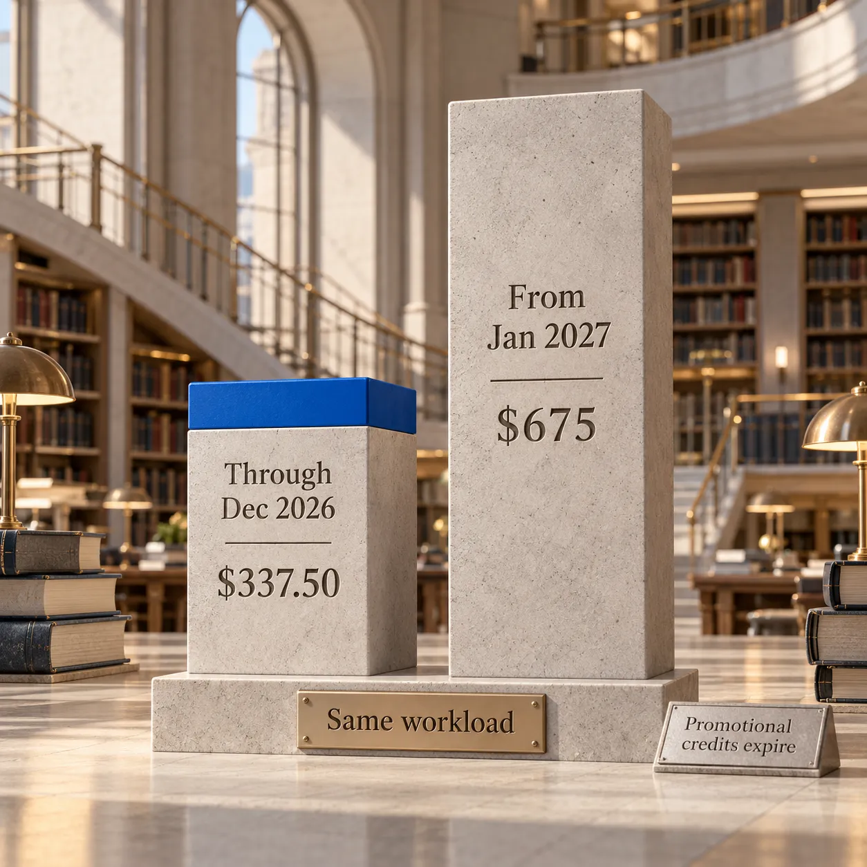 عمودان معماريان يعرضان تكلفة عبء الدعم الشهري نفسه: $337.50 خلال العرض الترويجي و$675 اعتبارًا من يناير 2027
