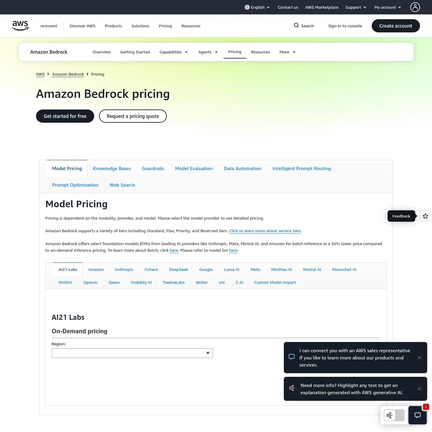 صفحة أسعار Amazon Bedrock للرسوم الخاصة بكل نموذج وطريقة نشر