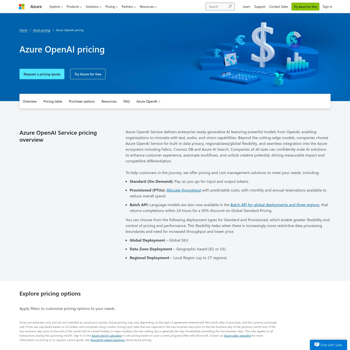صفحة أسعار نماذج Microsoft Azure، وتعرض أسعار الرموز بحسب النموذج وطريقة النشر