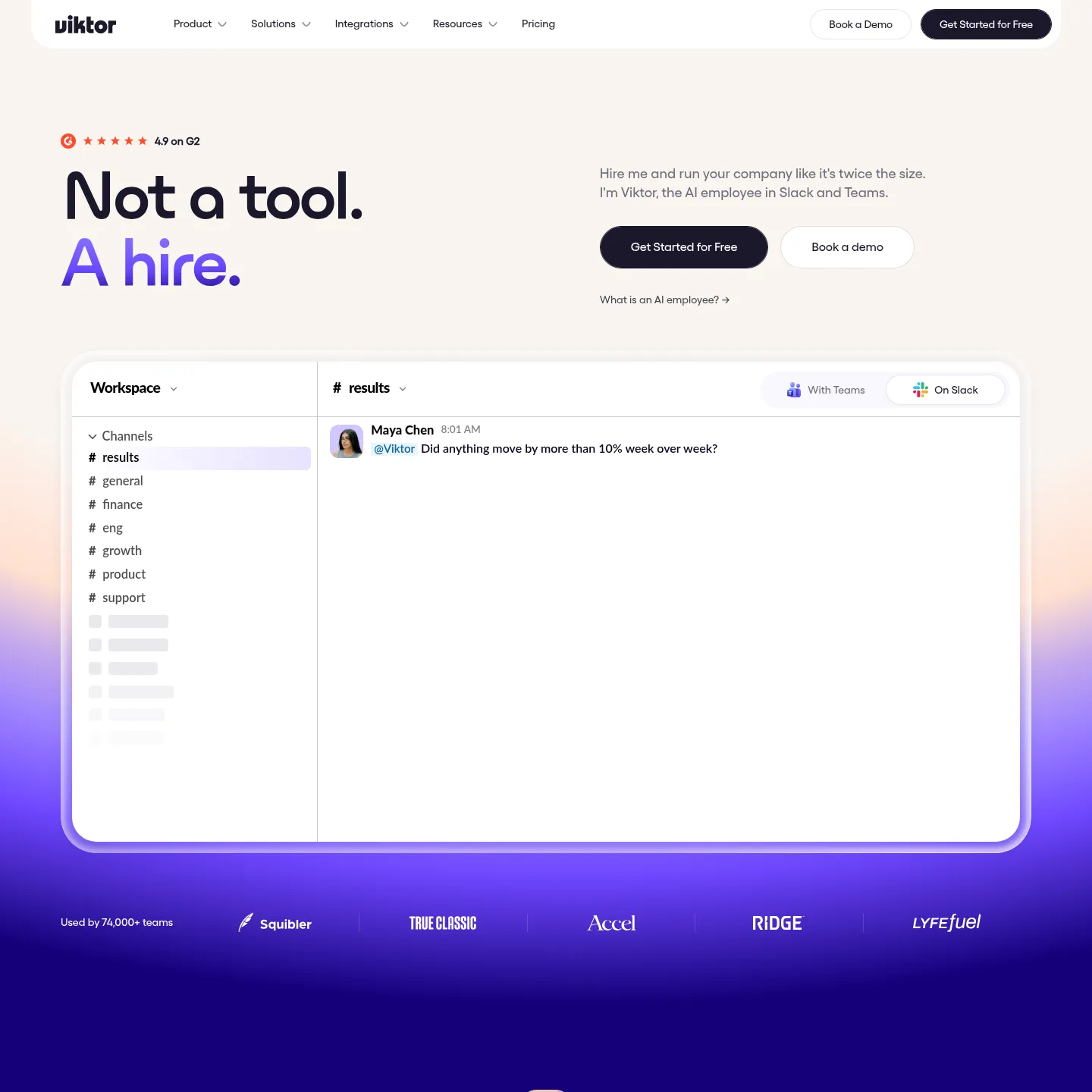Viktor's public homepage presenting its workplace assistant
