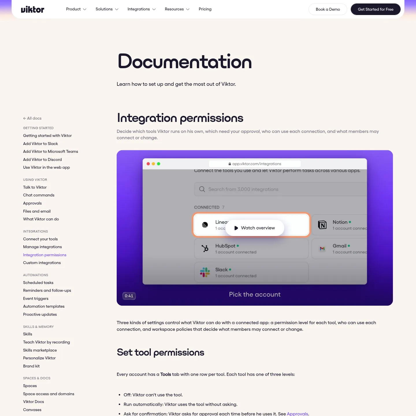 Viktor documentation explaining tool permissions and connection access