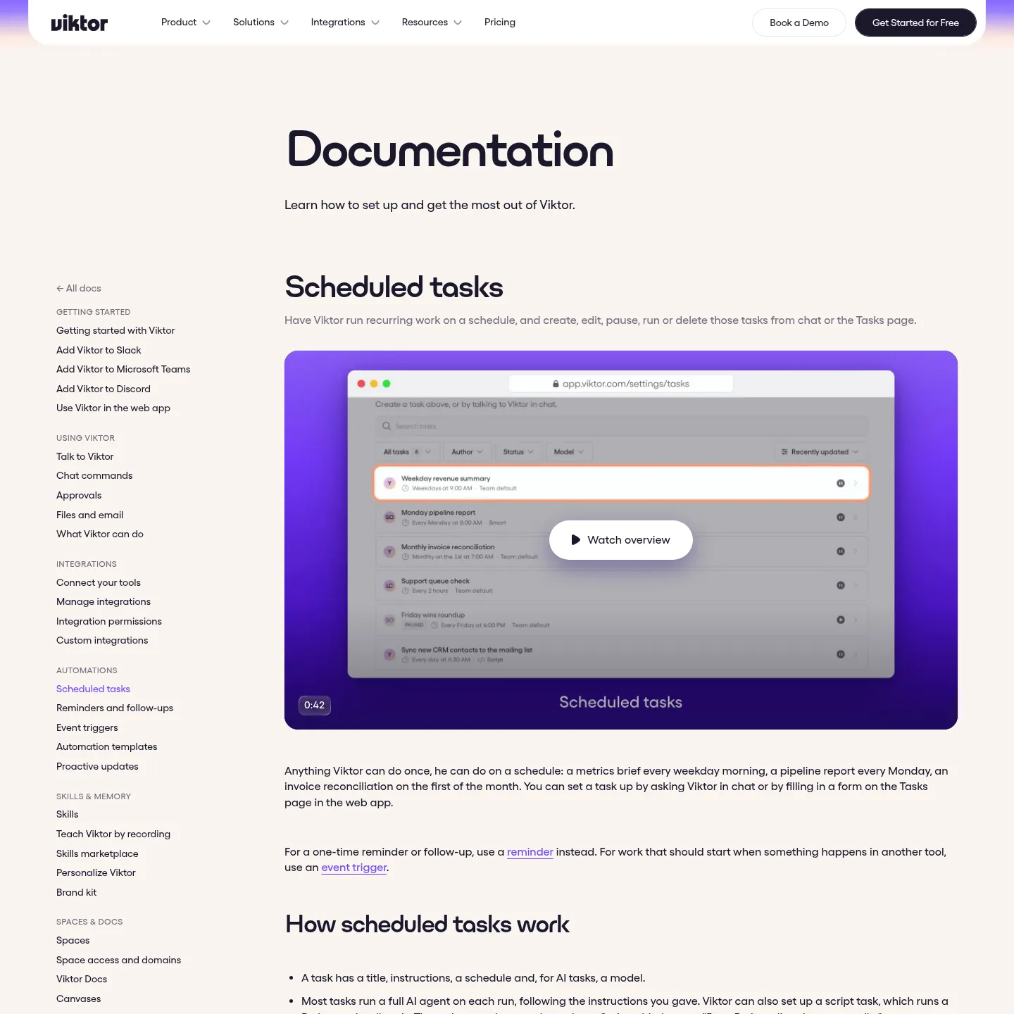 Viktor documentation for creating, reviewing and managing scheduled tasks
