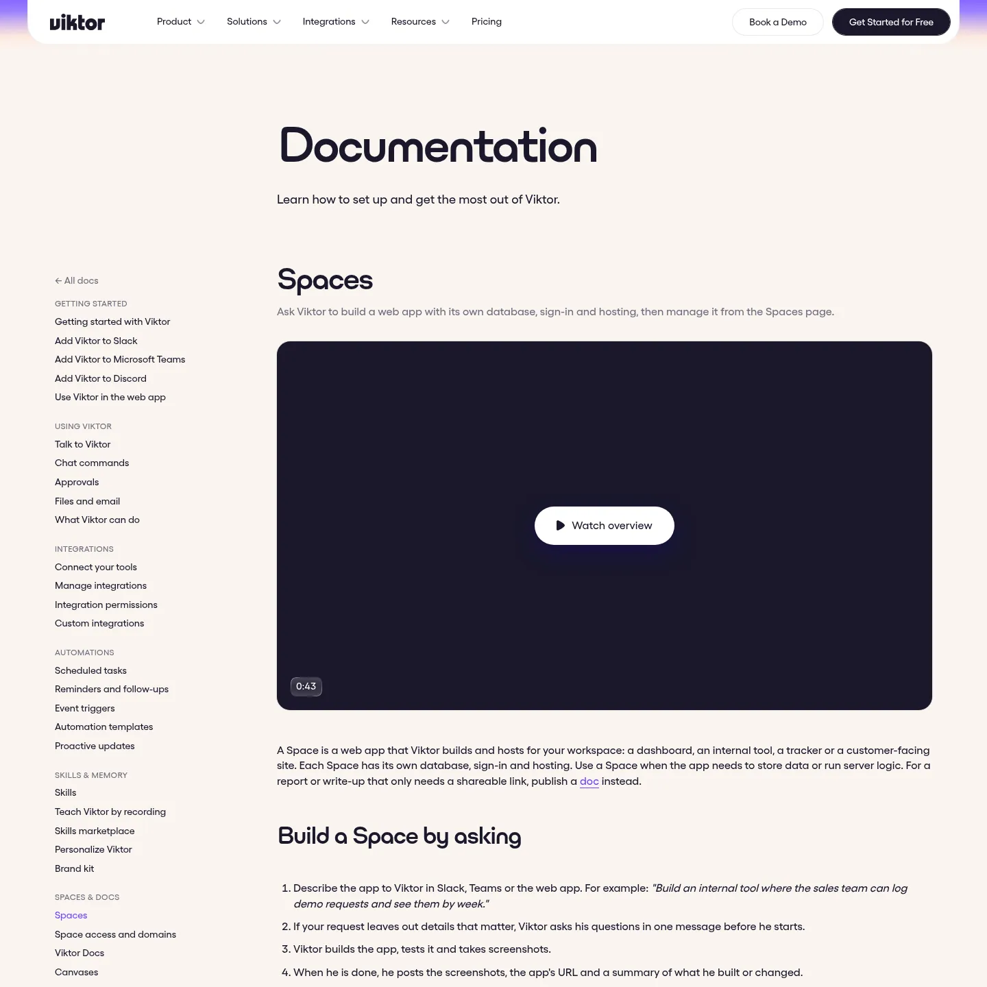 Viktor Spaces documentation describing apps, preview deployments and production