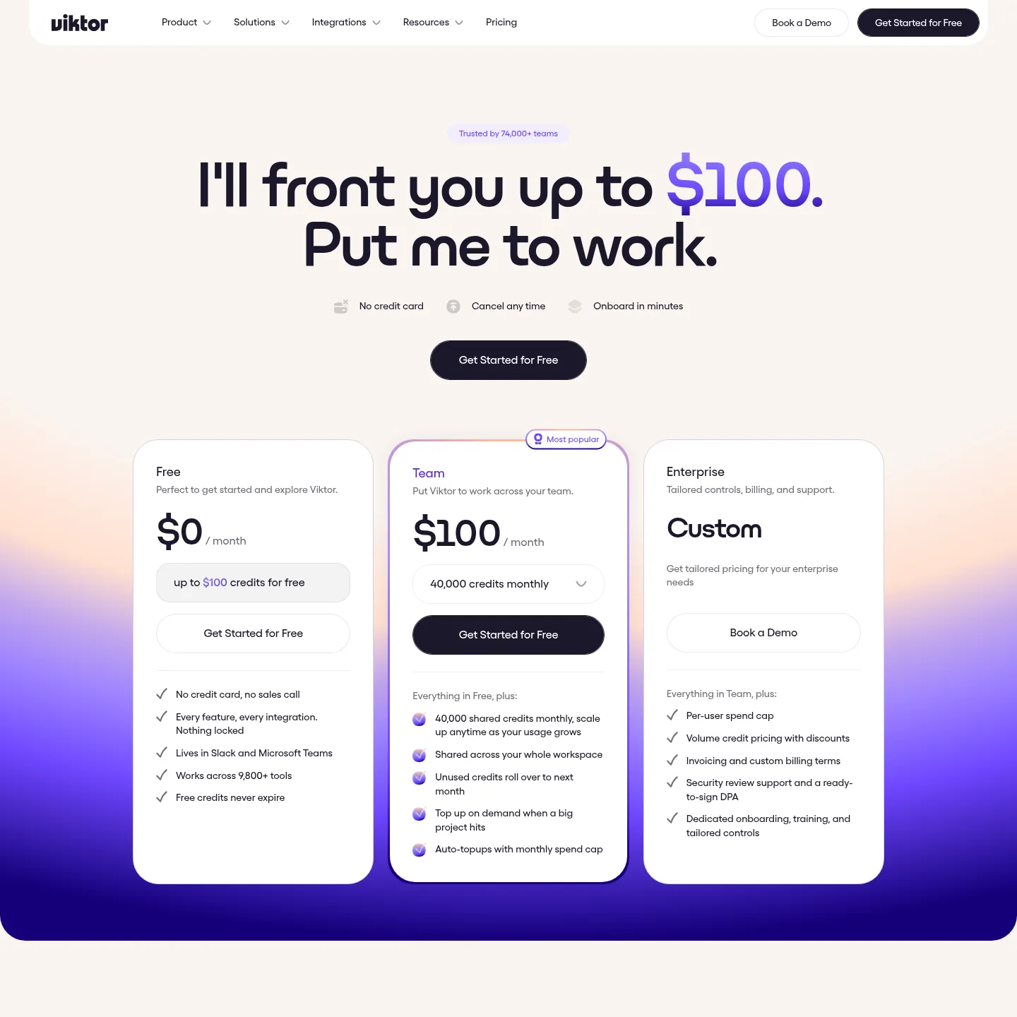 Viktor's live pricing page showing Free, Team and credit examples