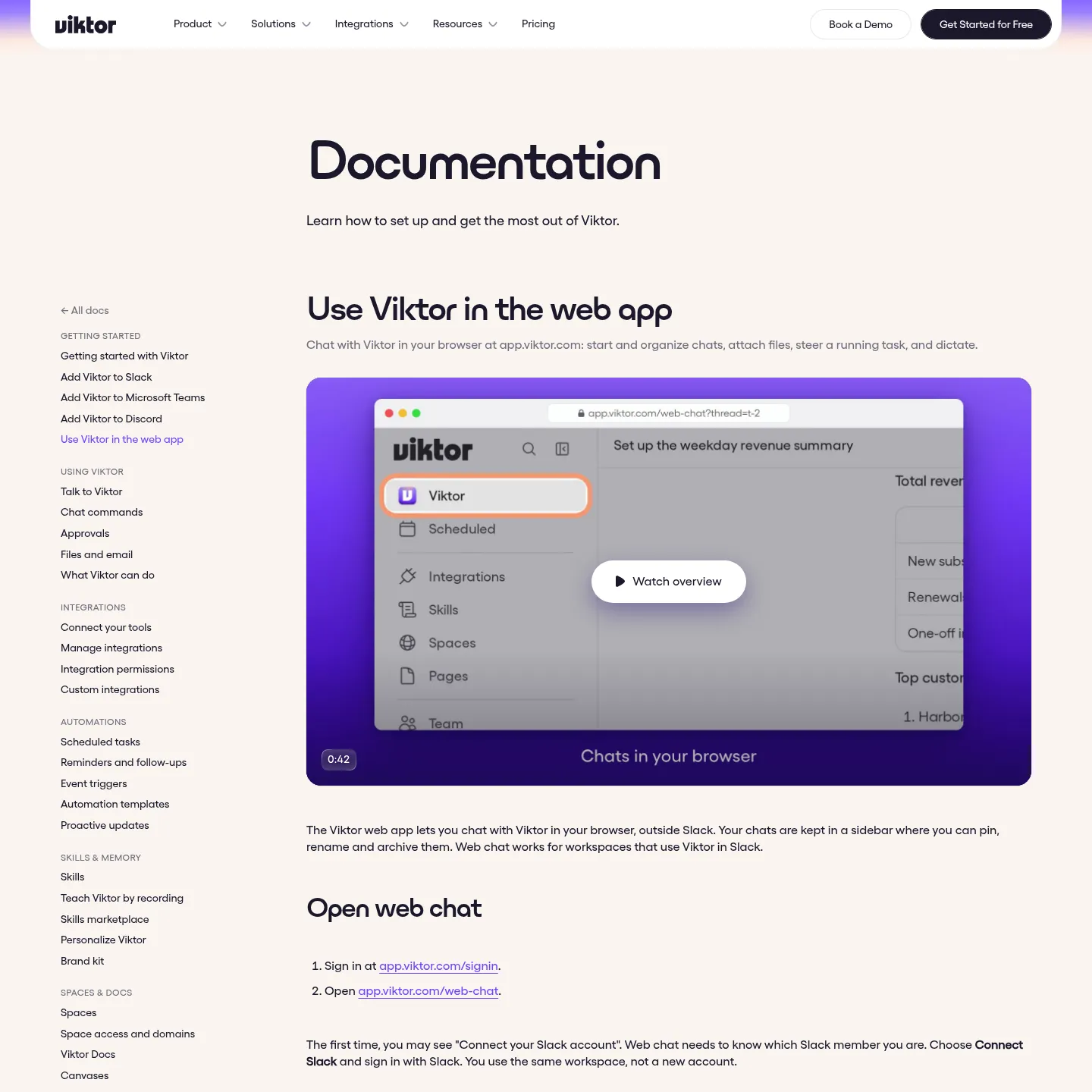Viktor web-chat documentation stating its Slack-linked workspace requirement
