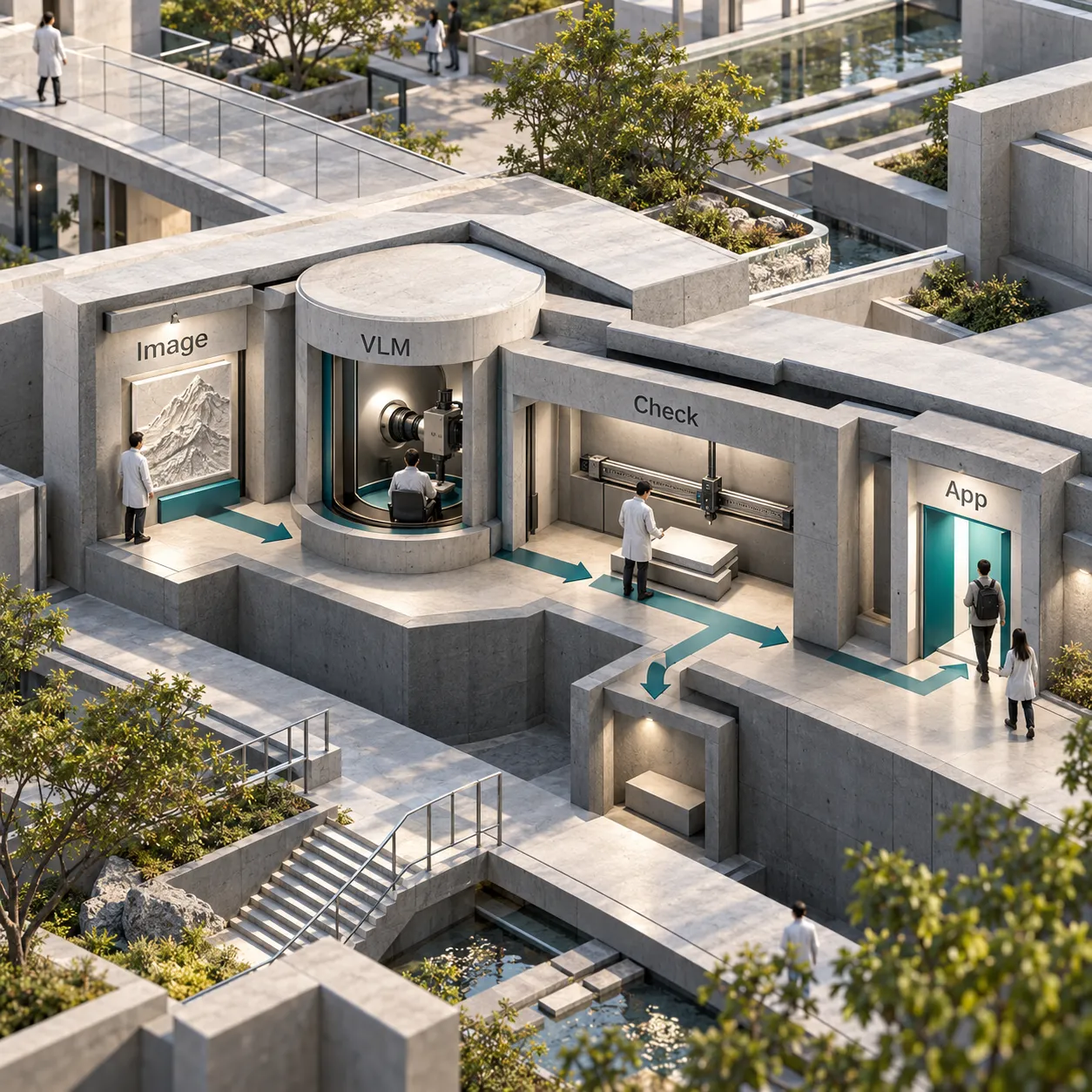 An architectural path carries an image through a VLM, a validation bay and an application doorway.