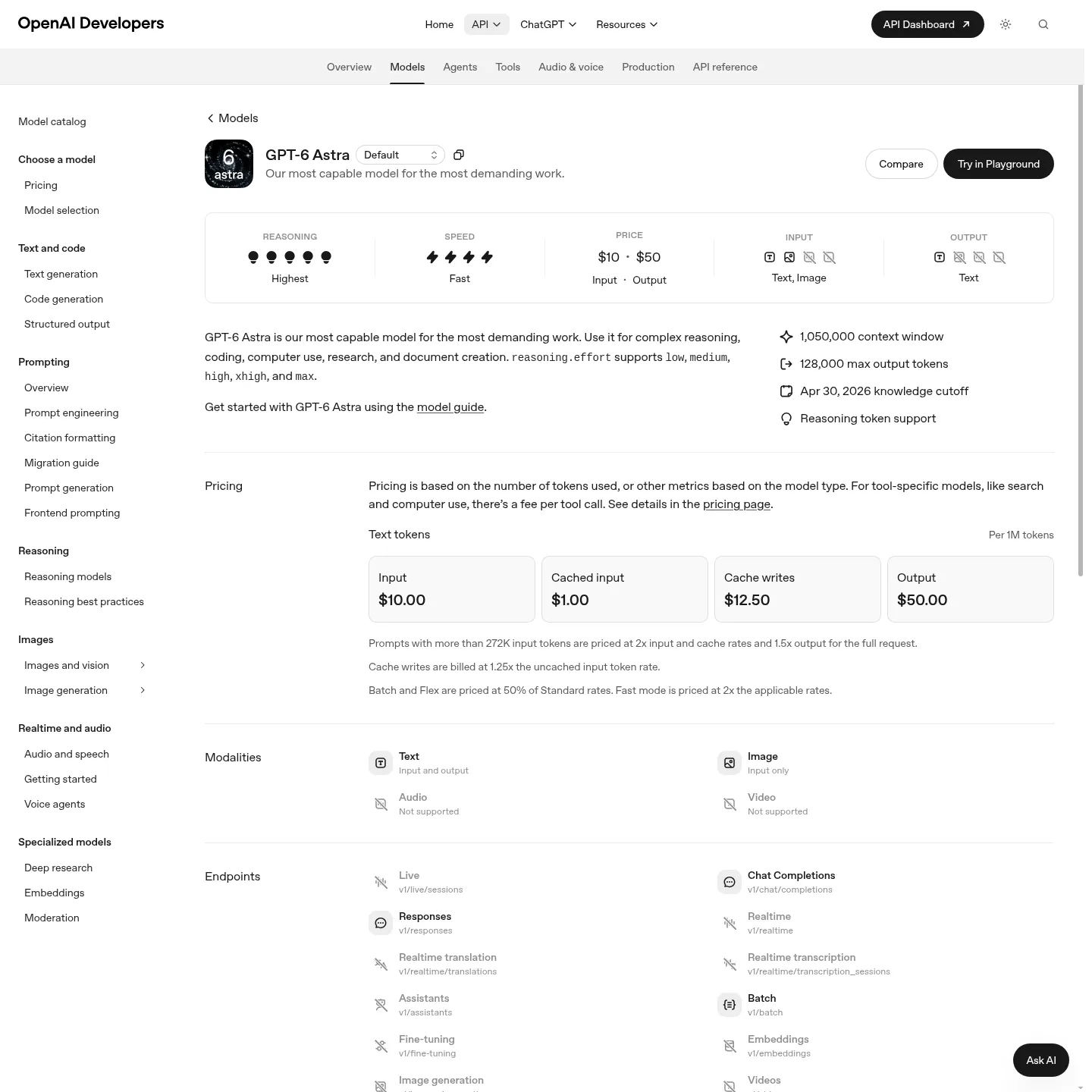 OpenAI's official GPT-6 Astra model page with supported capabilities.