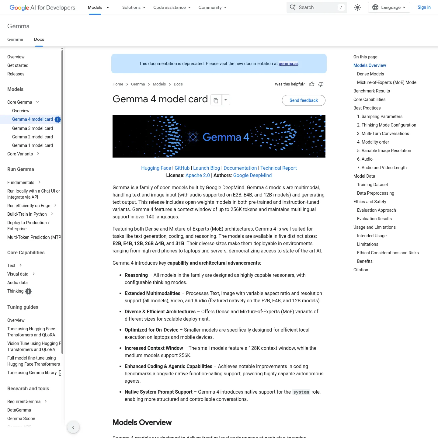 Google's official Gemma 4 model card with variants and modalities.
