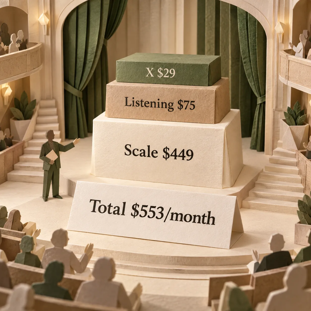 مجسم ورقي متراص للتكلفة يعرض Scale بسعر 449 دولارًا، مع الاستماع بسعر 75 دولارًا وX بسعر 29 دولارًا، بإجمالي 553 دولارًا شهريًا