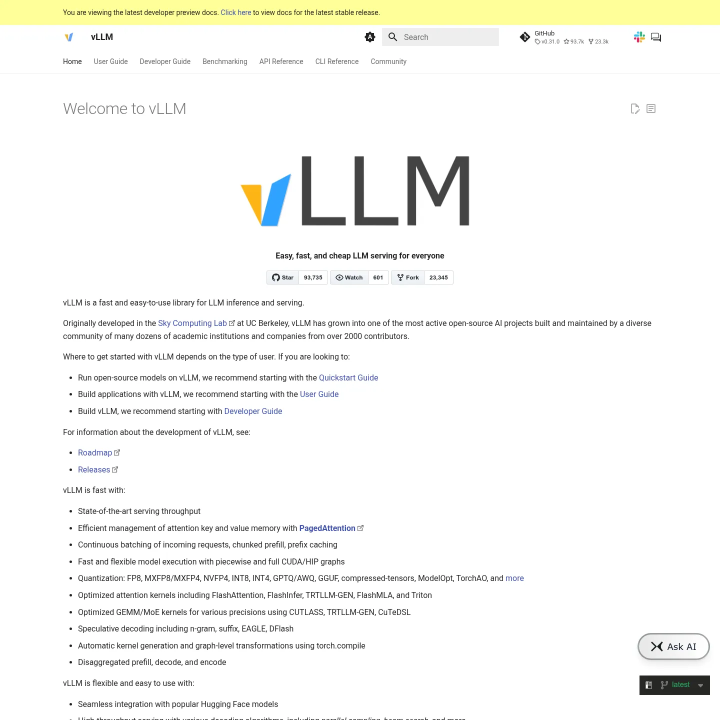 vLLM documentation describing its inference engine, serving API and supported platforms